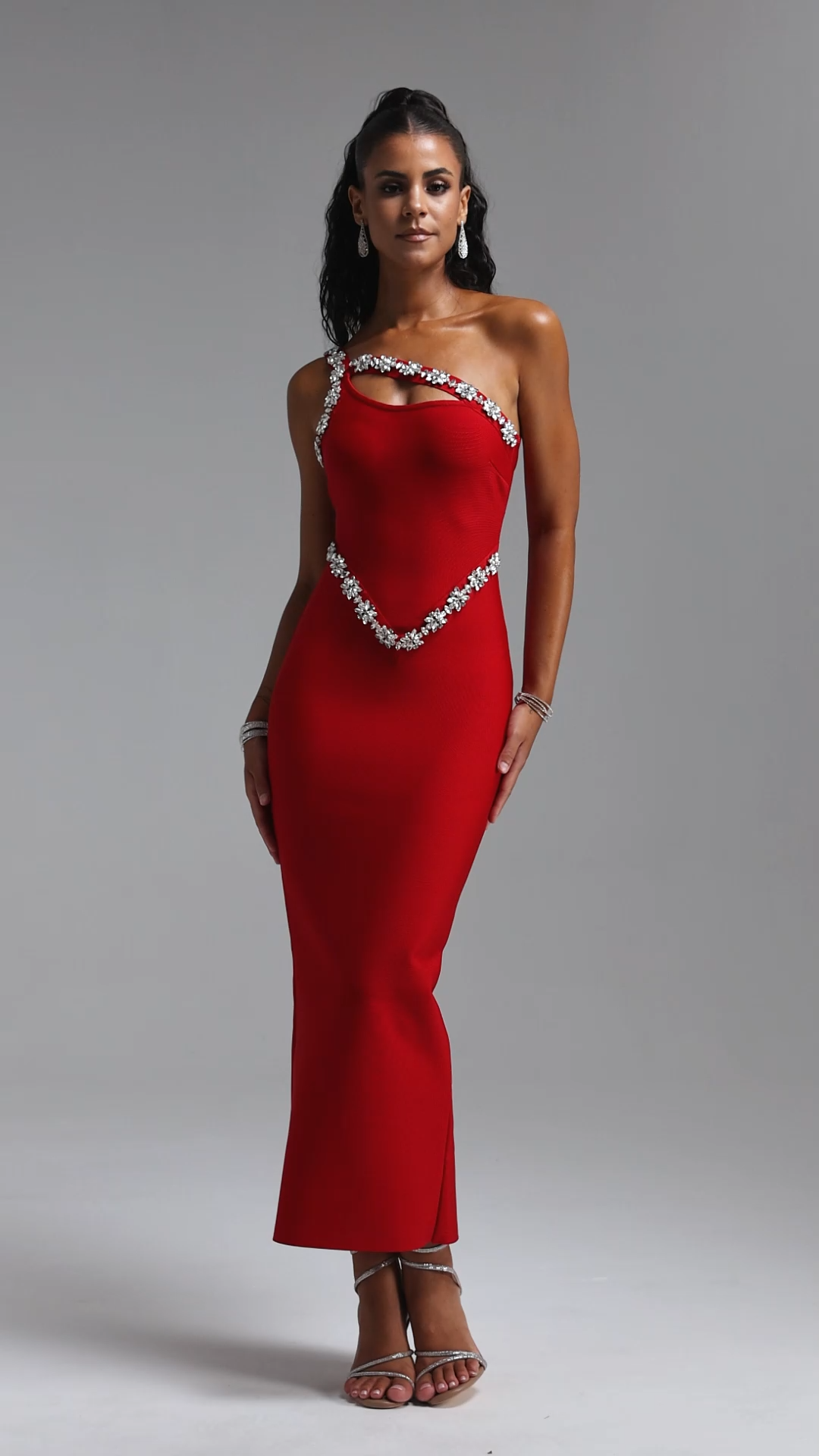 Fakula Sexy One Shoulder Cut Out Rhinestone Bandage Maxi Dress