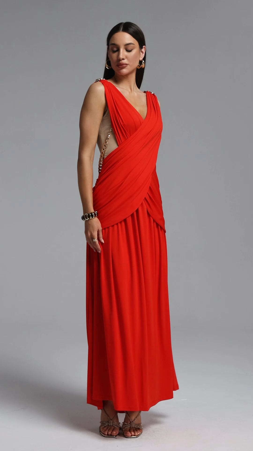 Kaia Chic Contour V Neck Metal Chain Pleated Maxi Dress