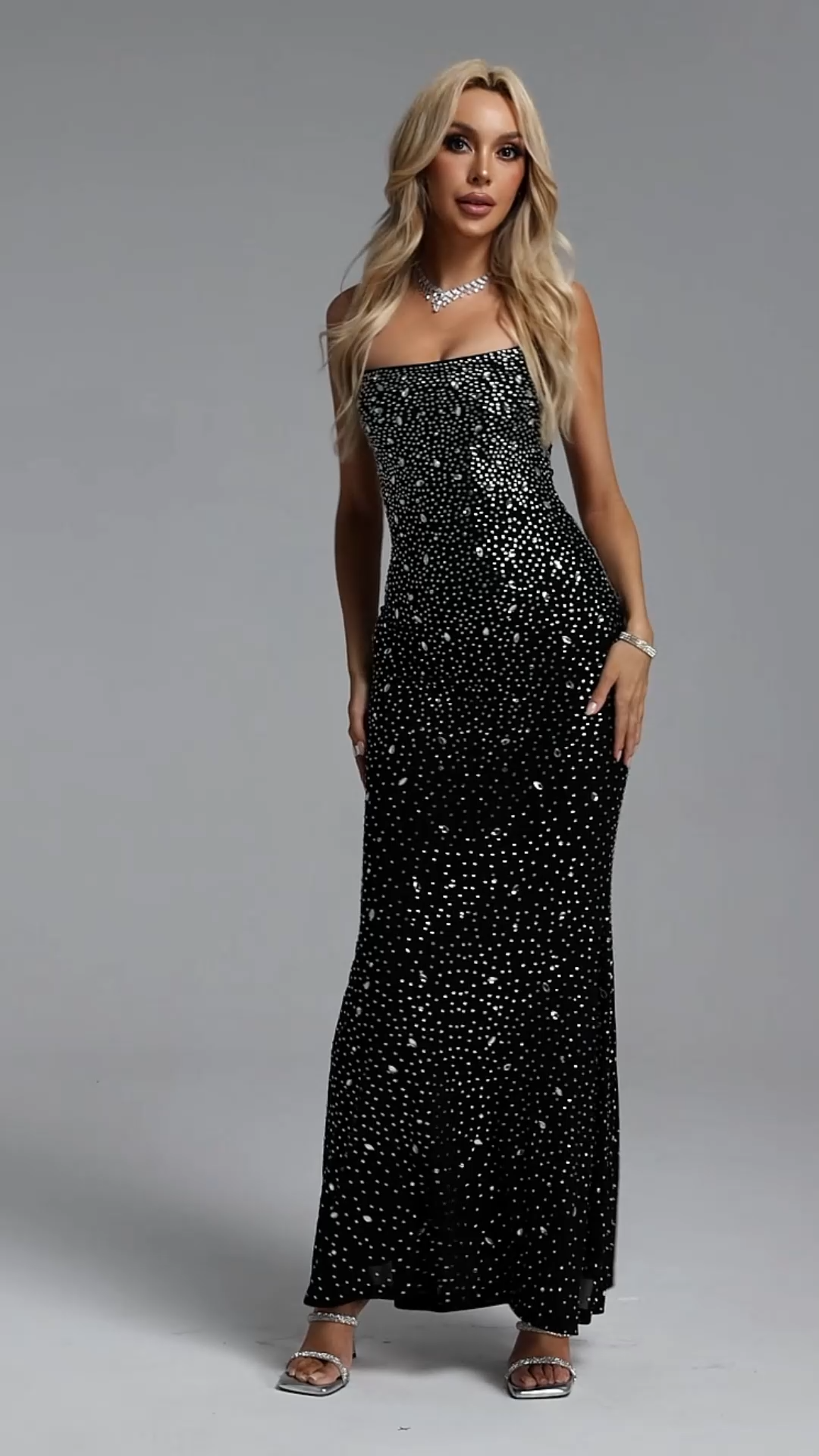 Emta Chic Contour Crystal Mesh Black Maxi Dress