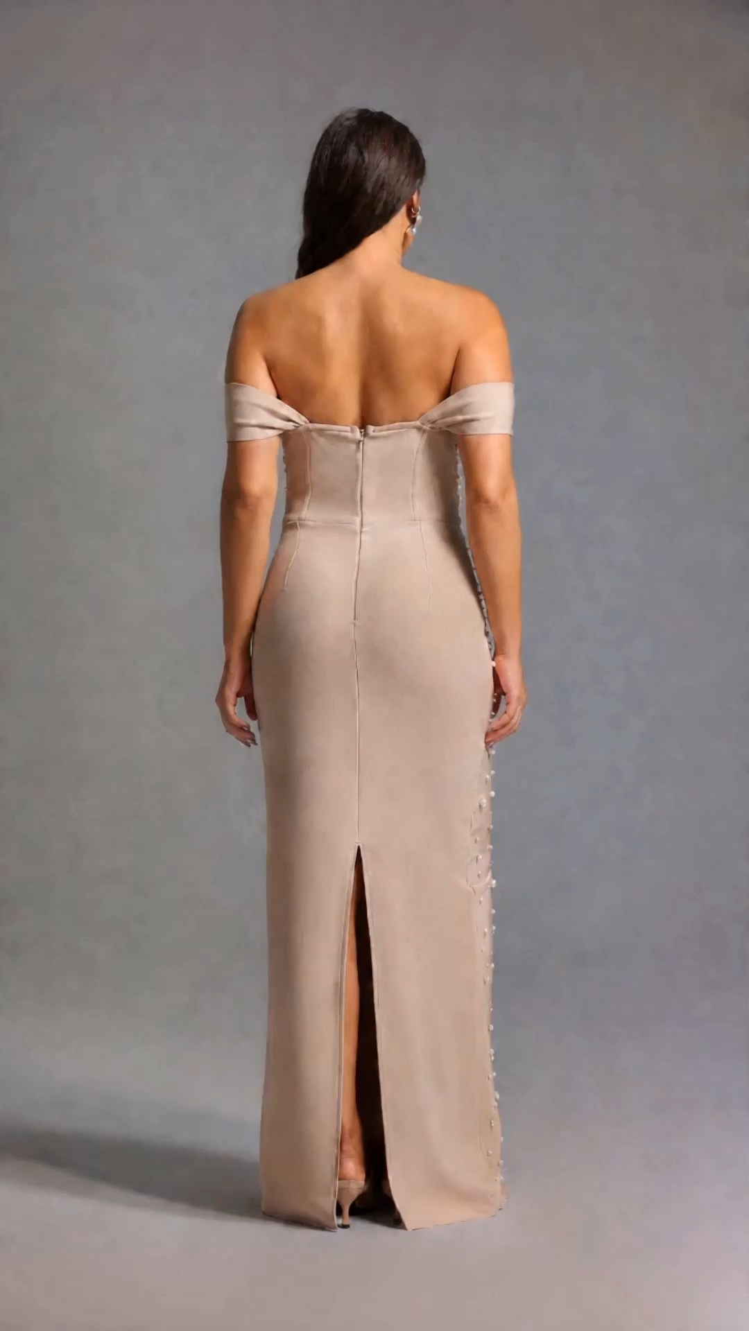 Jaylee Glamorous Off Shoulder Pearl Rhinestone Bandage Maxi Dress