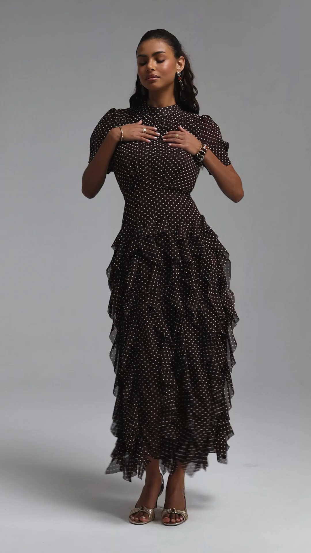 Gricely Elegant Cinched Short Sleeve Ruffle Polka Dot Chiffon Maxi Dress
