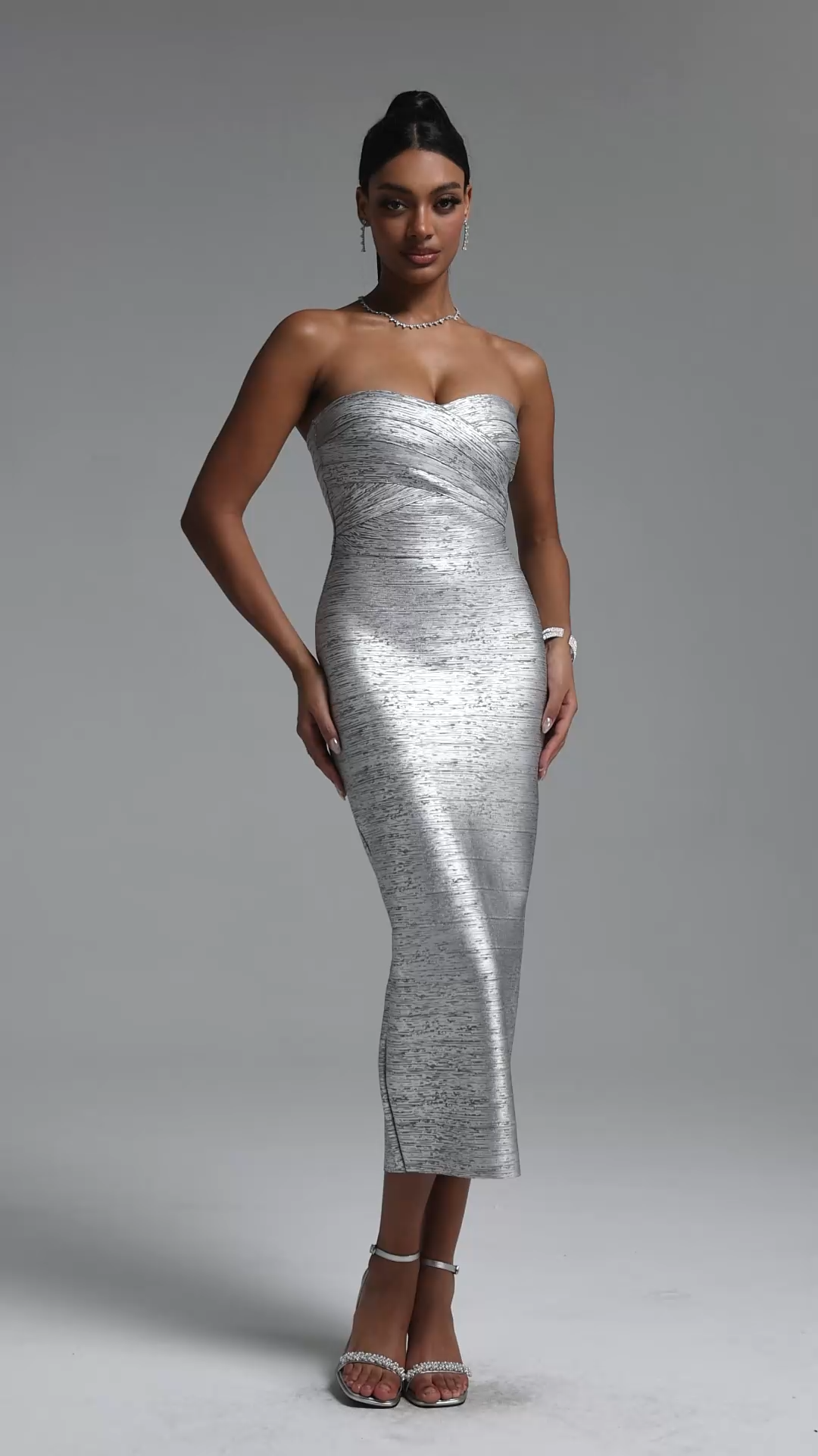 Rosella Stylish Fitted Strapless Cross Metallic Bandage Maxi Dress
