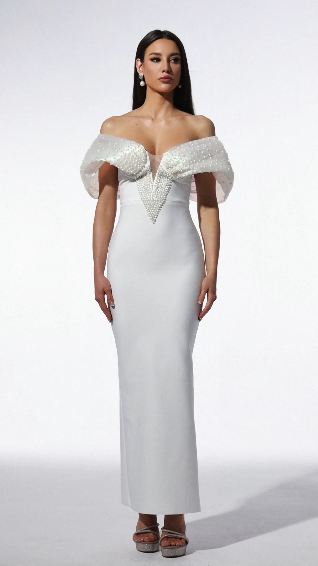 Sharina Off-The-Shoulder Pearl Bandage Maxi Dress