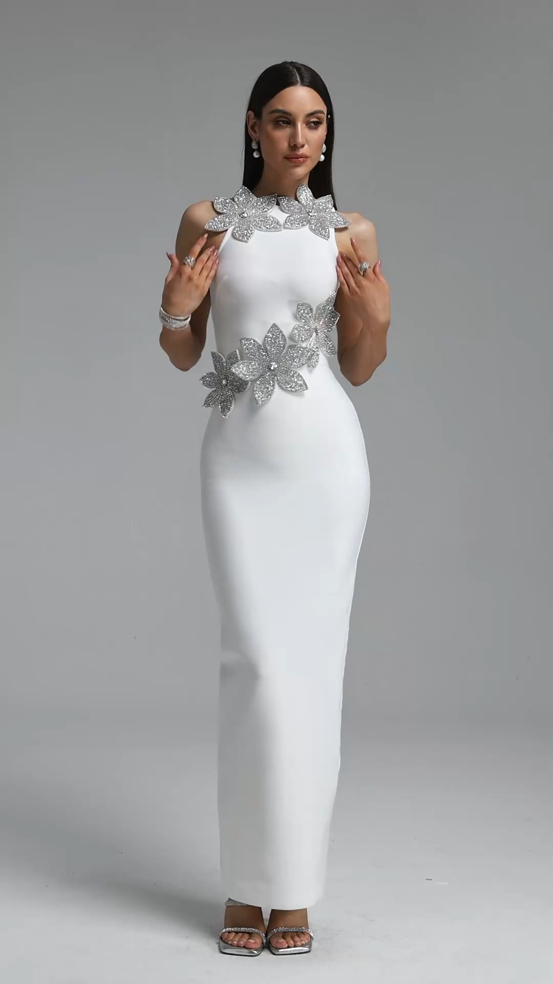 Whetu Elegant Contour Floral White Bandage Maxi Dress