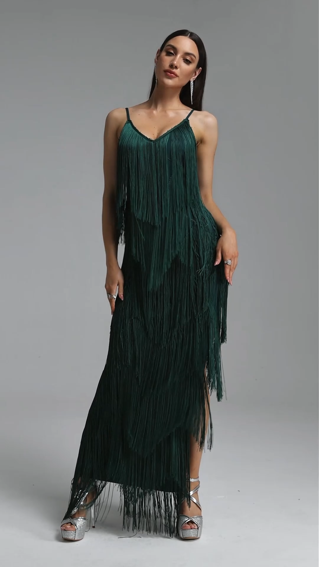 Alex Classic Contour V Neck Layered Fringe Green Bandage Maxi Dress