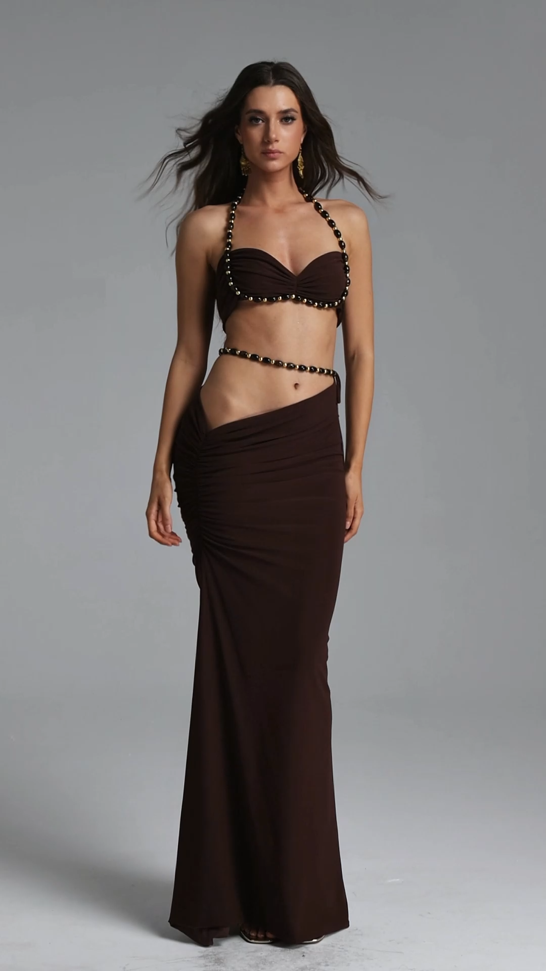 Lerla Chic Flowy Beaded Chain Top and Ruched Skirt Set
