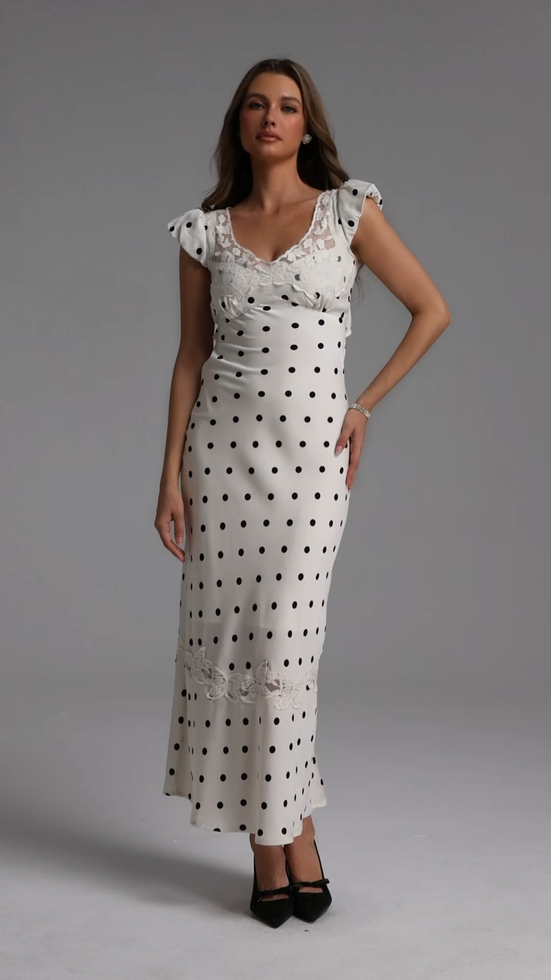 Skyler Classic Tailored Sleeveless Polka Dot Satin Maxi Dress