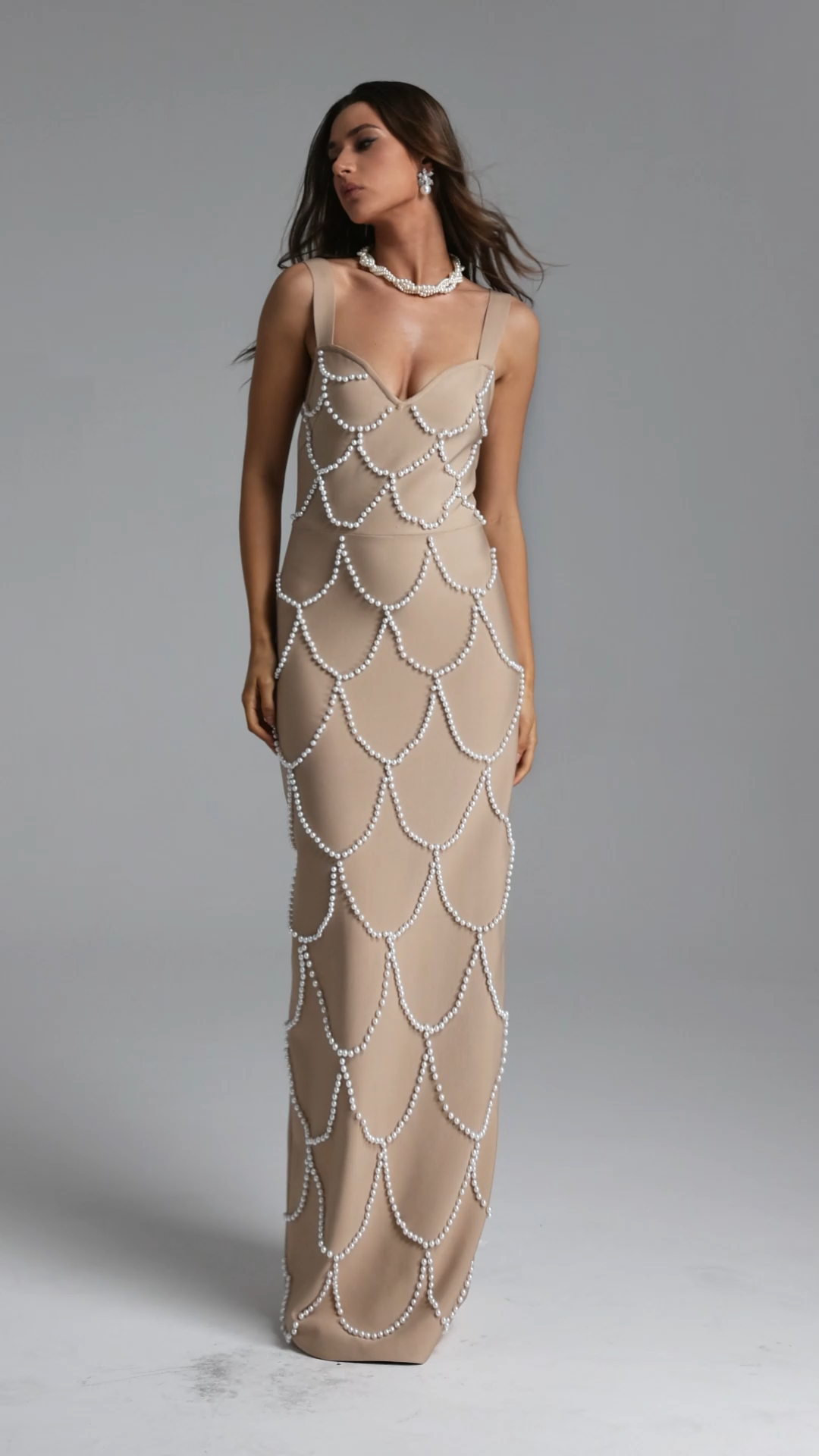 Pull Elegant Contour Sleeveless Pearl Bandage Maxi Dress