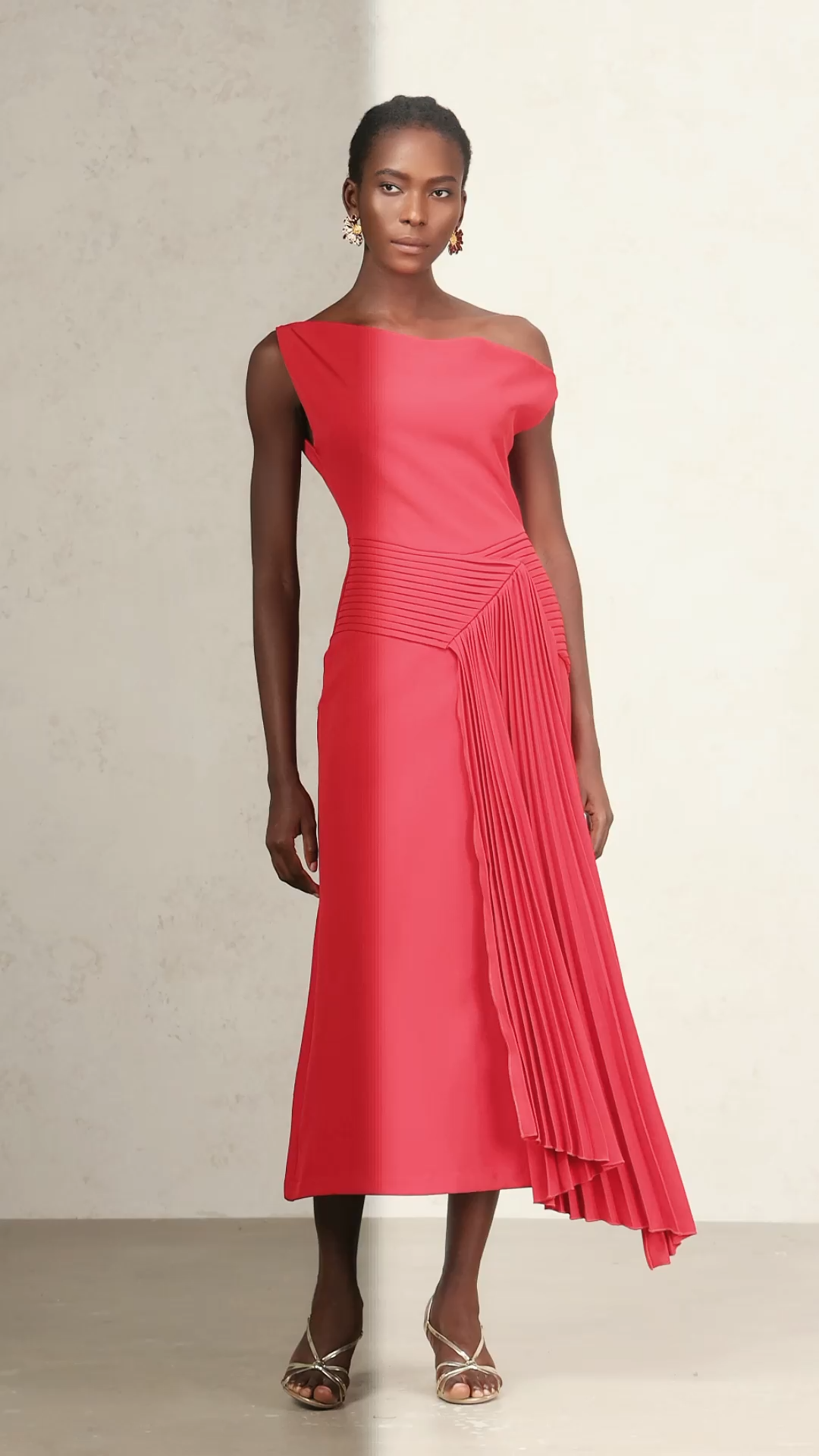 Jillian Oblique Shoulder Sleeveless Folds Midi Dress