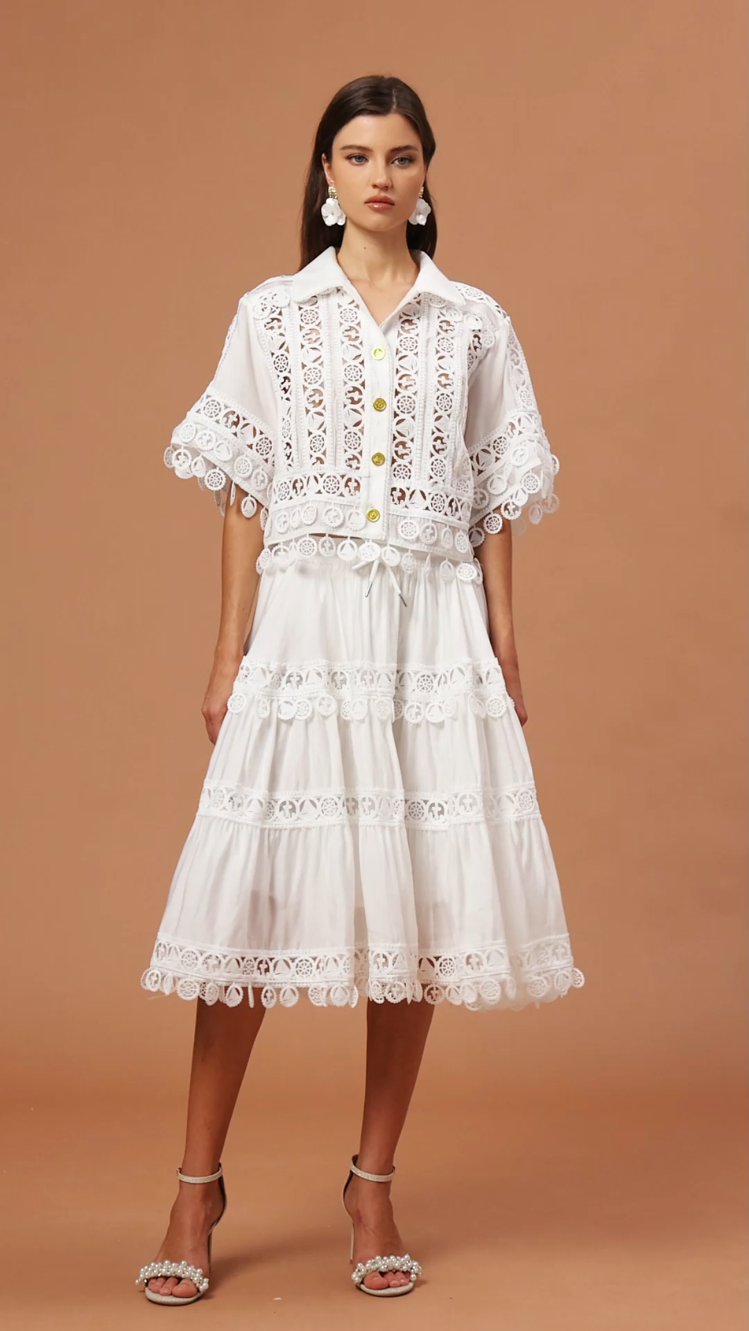 Olapa Lapel Embroidery Lace Top And Skirt Two-Piece Set