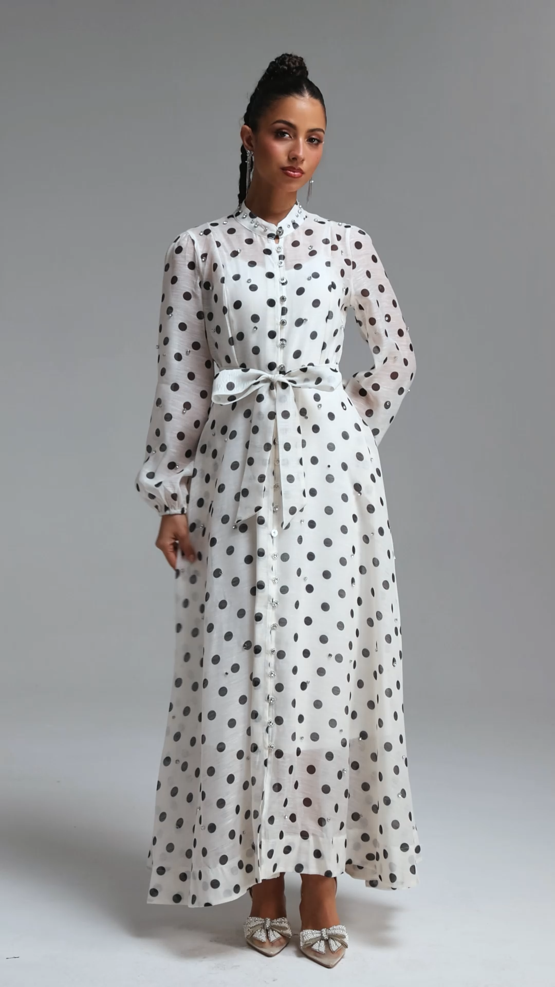 Striped Romantic Flowy Long Sleeve Rhinestone Polka Dot Woven Maxi Dress