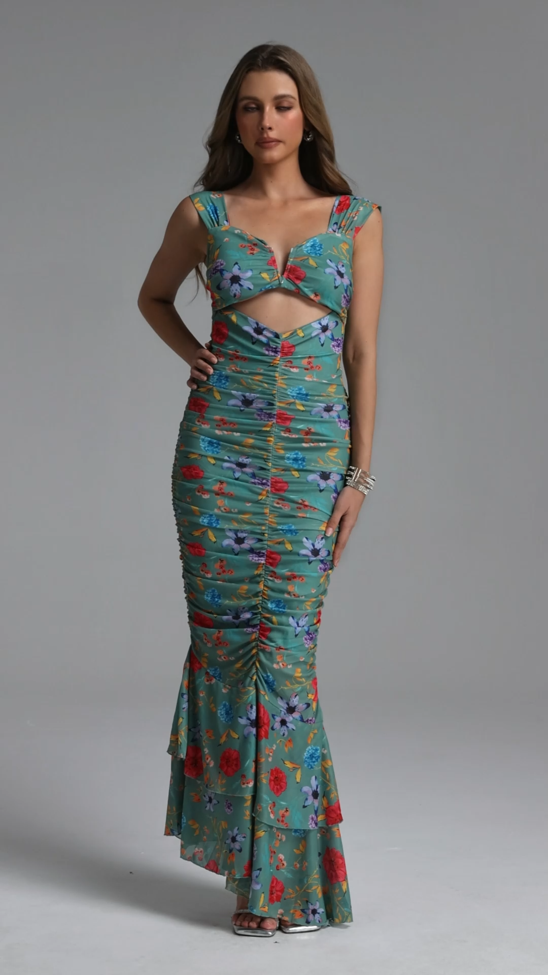 Derlyn Elegant Cinched Sleeveless Floral Print Mesh Maxi Dress