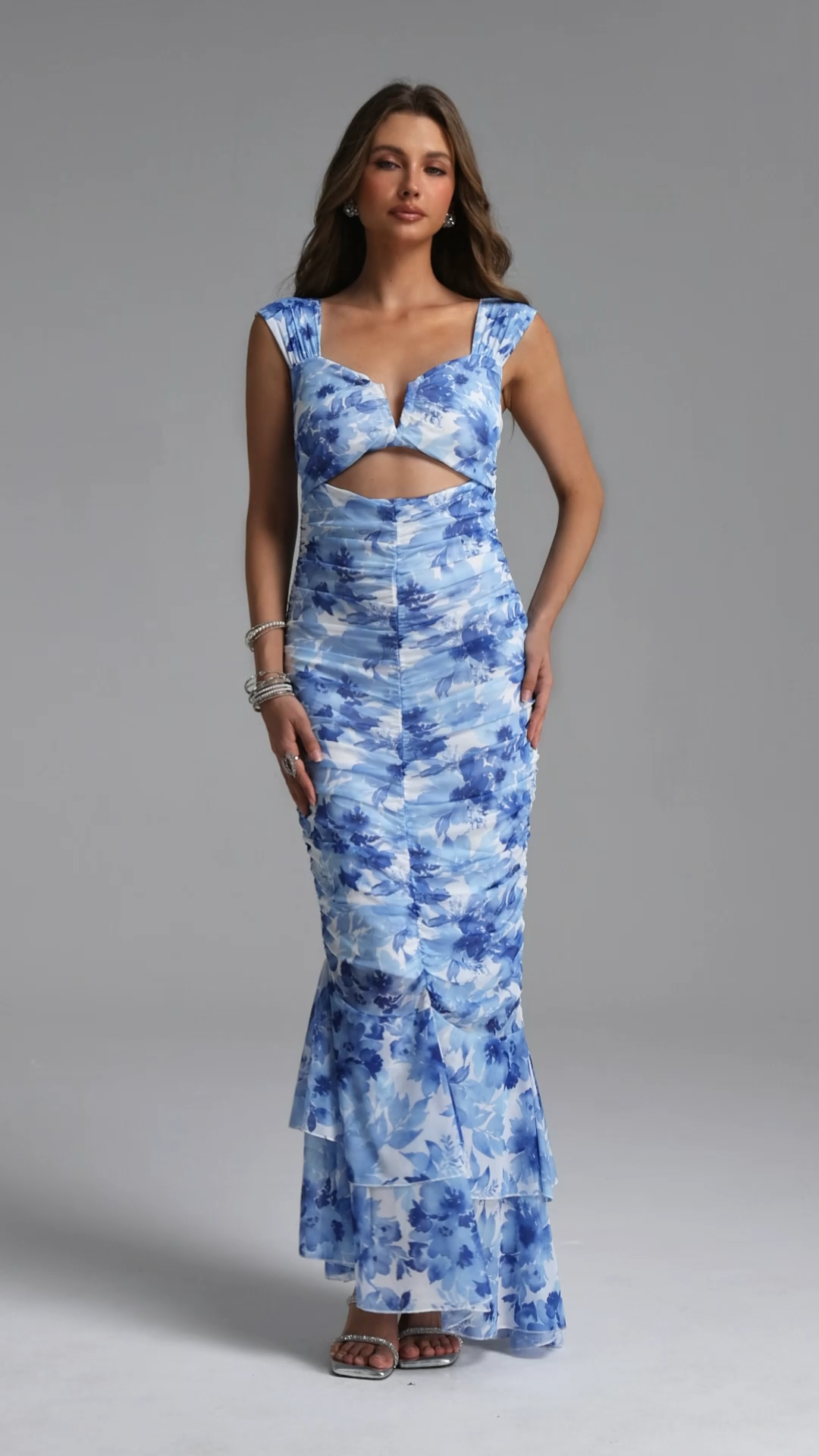 Derlyn Elegant Cinched Sleeveless Floral Print Mesh Maxi Dress