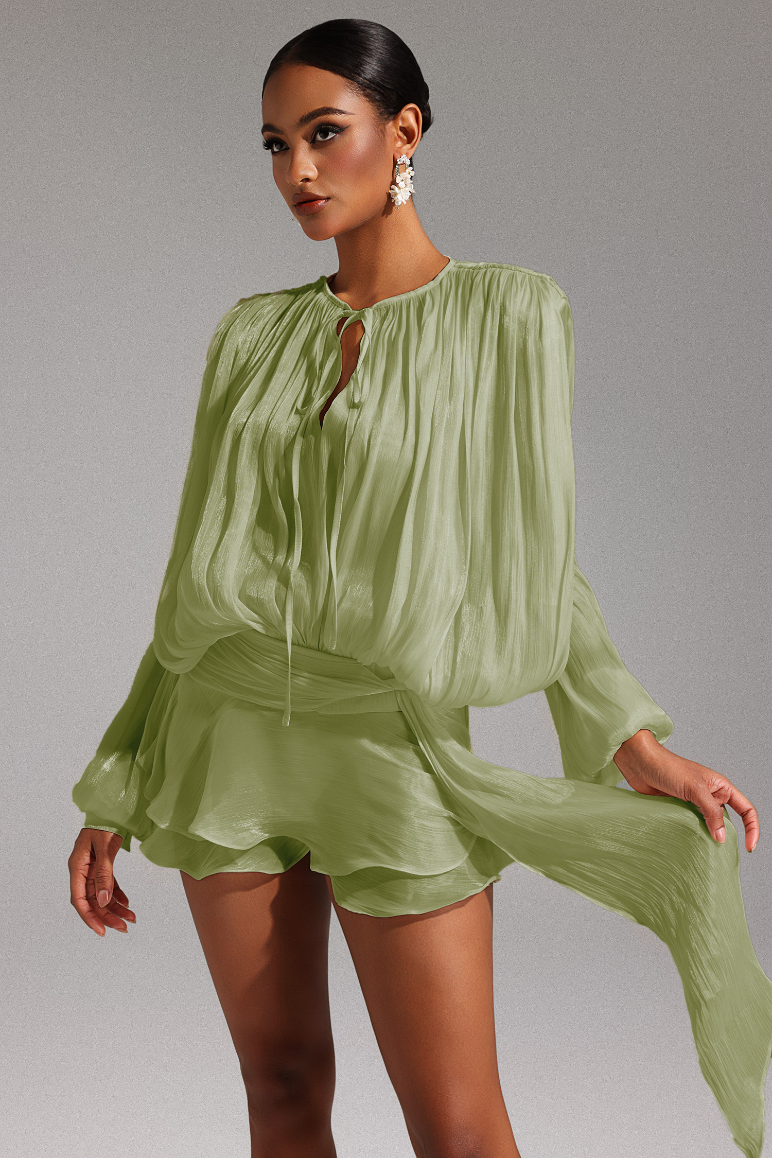 Dekia Long Sleeves Hollow Out Flounce Mini Dress