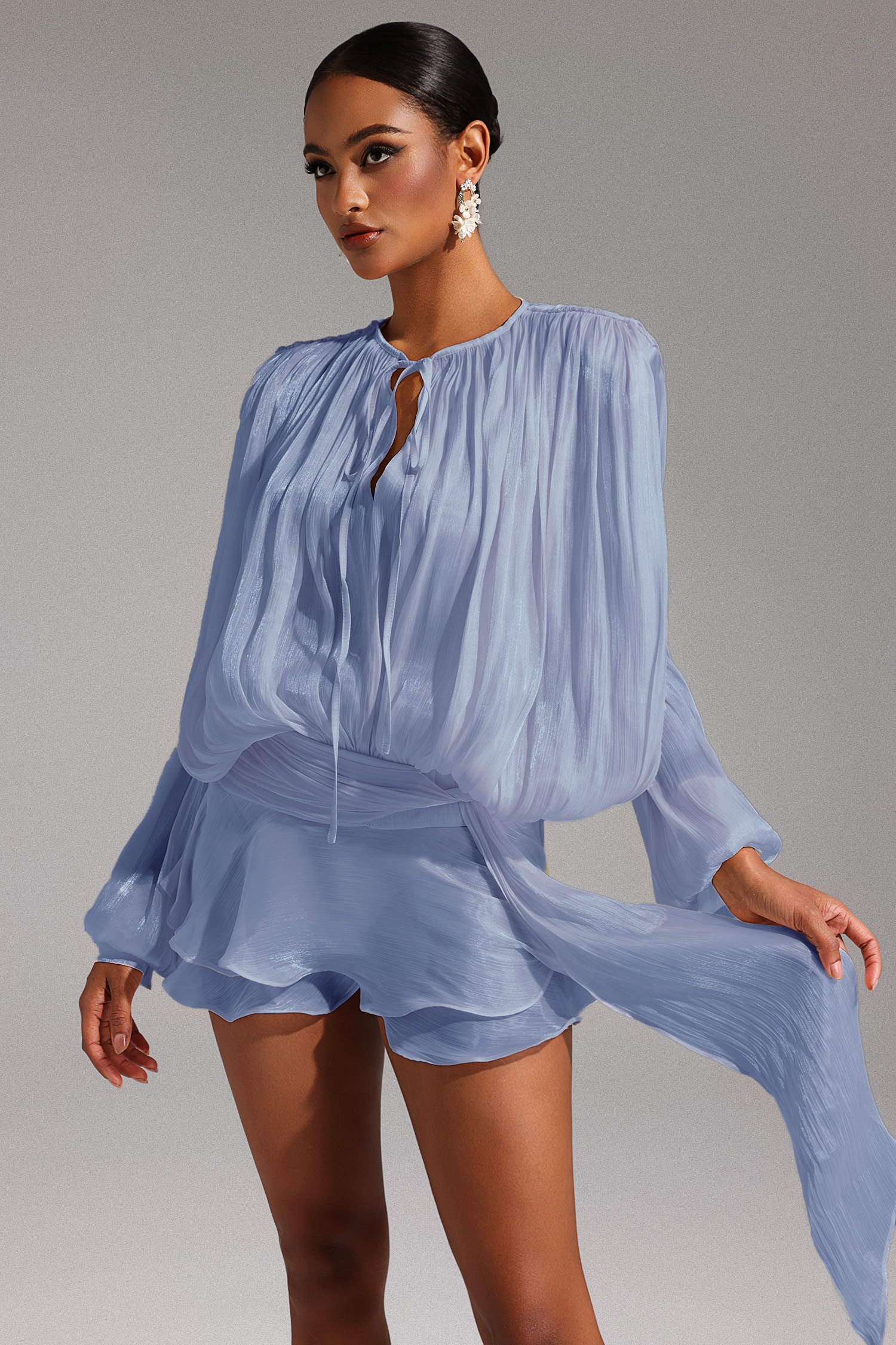 Dekia Long Sleeves Hollow Out Flounce Mini Dress