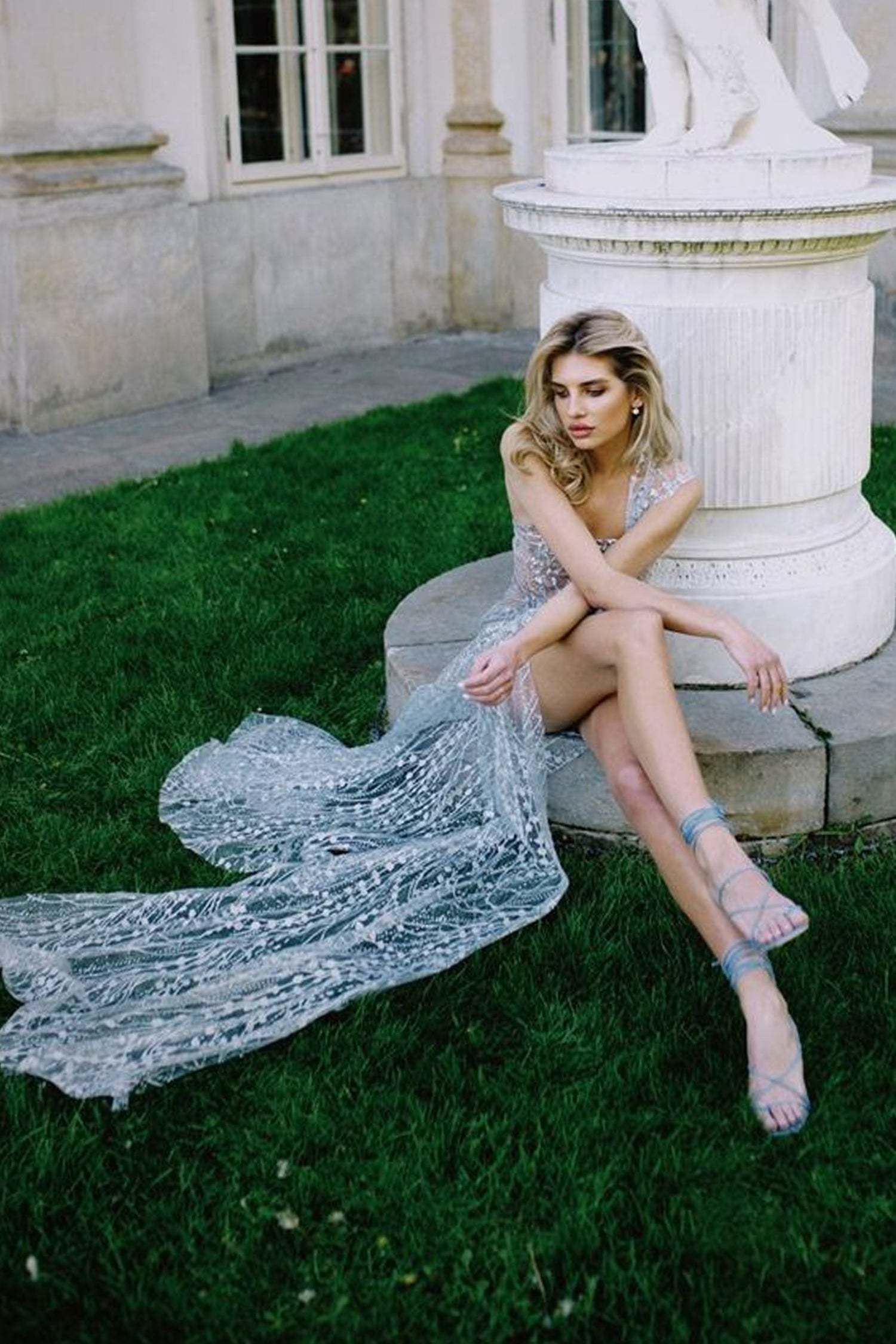 High Slit Mesh Sequin Maxi Dress