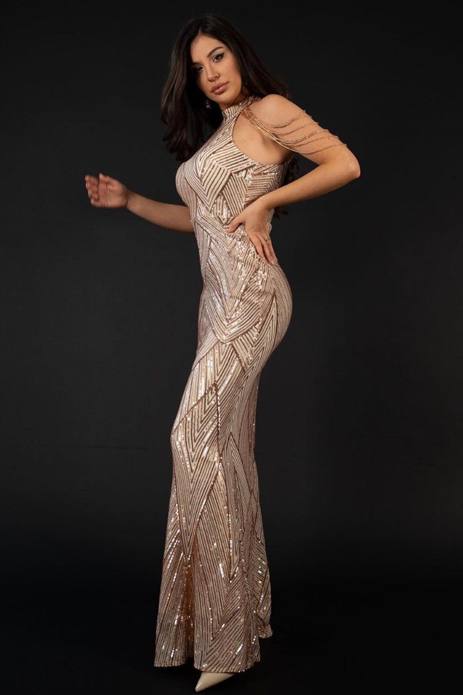 Sequin Halterneck Maxi Mermaid Prom Dress - Champagne - Bellabarnett