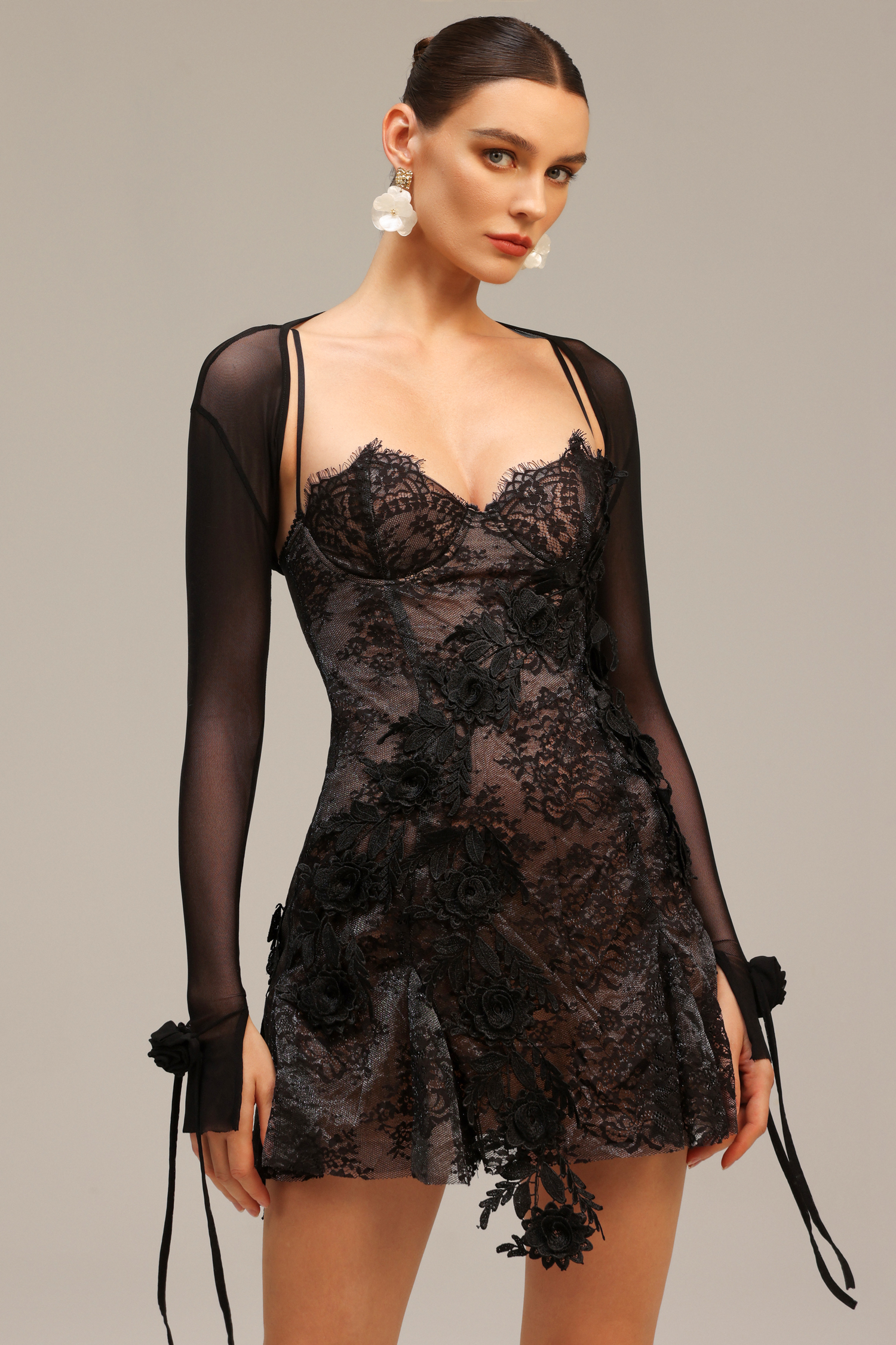 Sarna Halter Lace Flowers Mini Dress And Coat Two-Piece Set