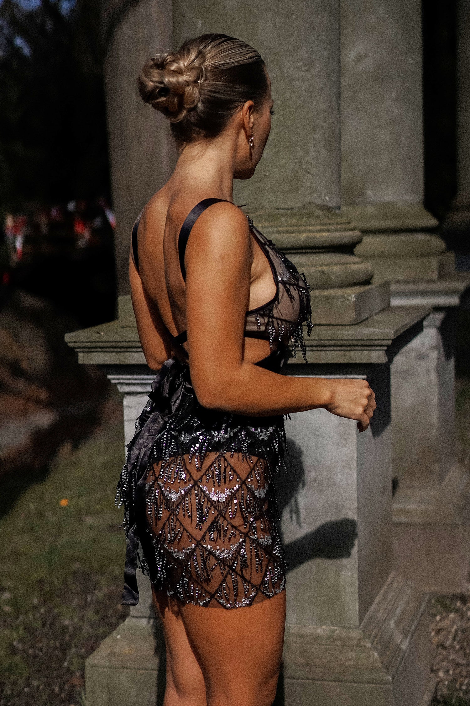 V-neck Beaded Sequin Mini Dress - Black