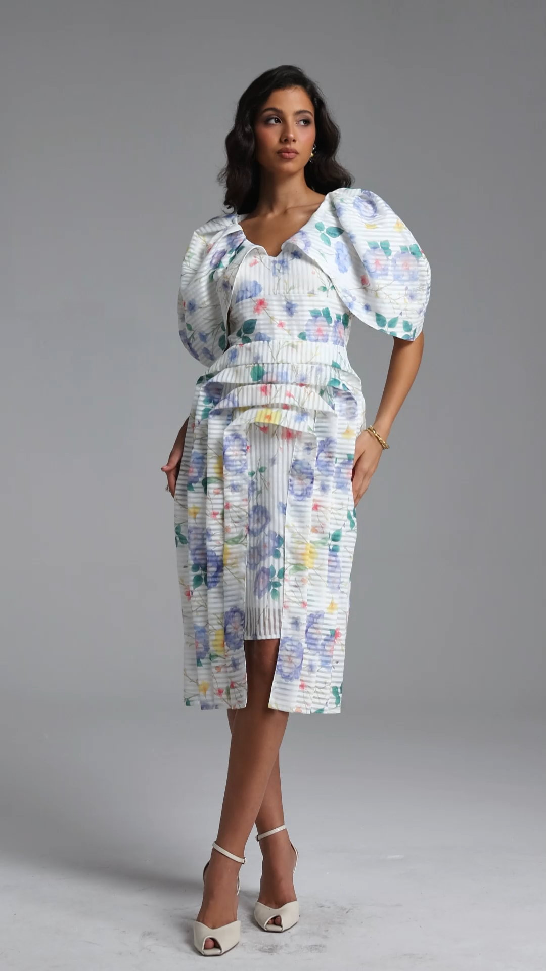 Wezal Chic Tailored Floral Print Stripe Woven Midi Dress