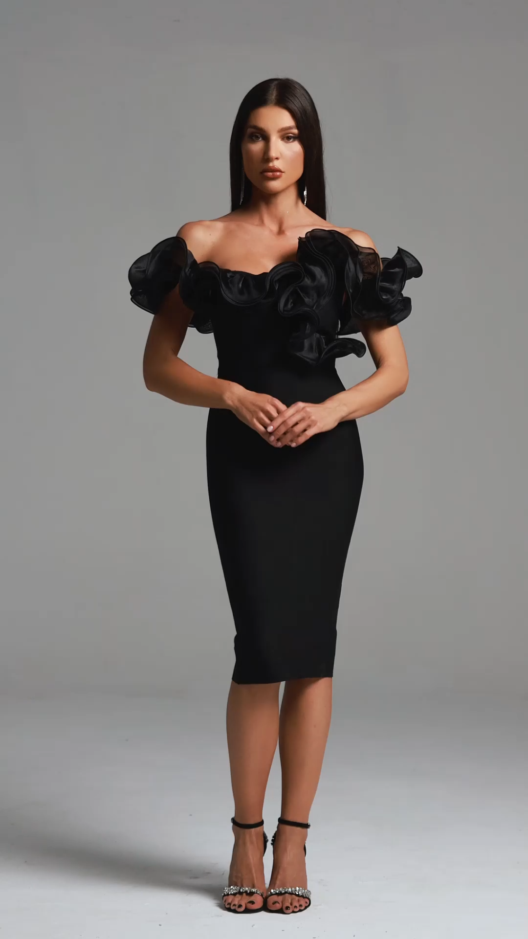 Leanna Off-The-Shoulder Flounce Bandage Midi Dress