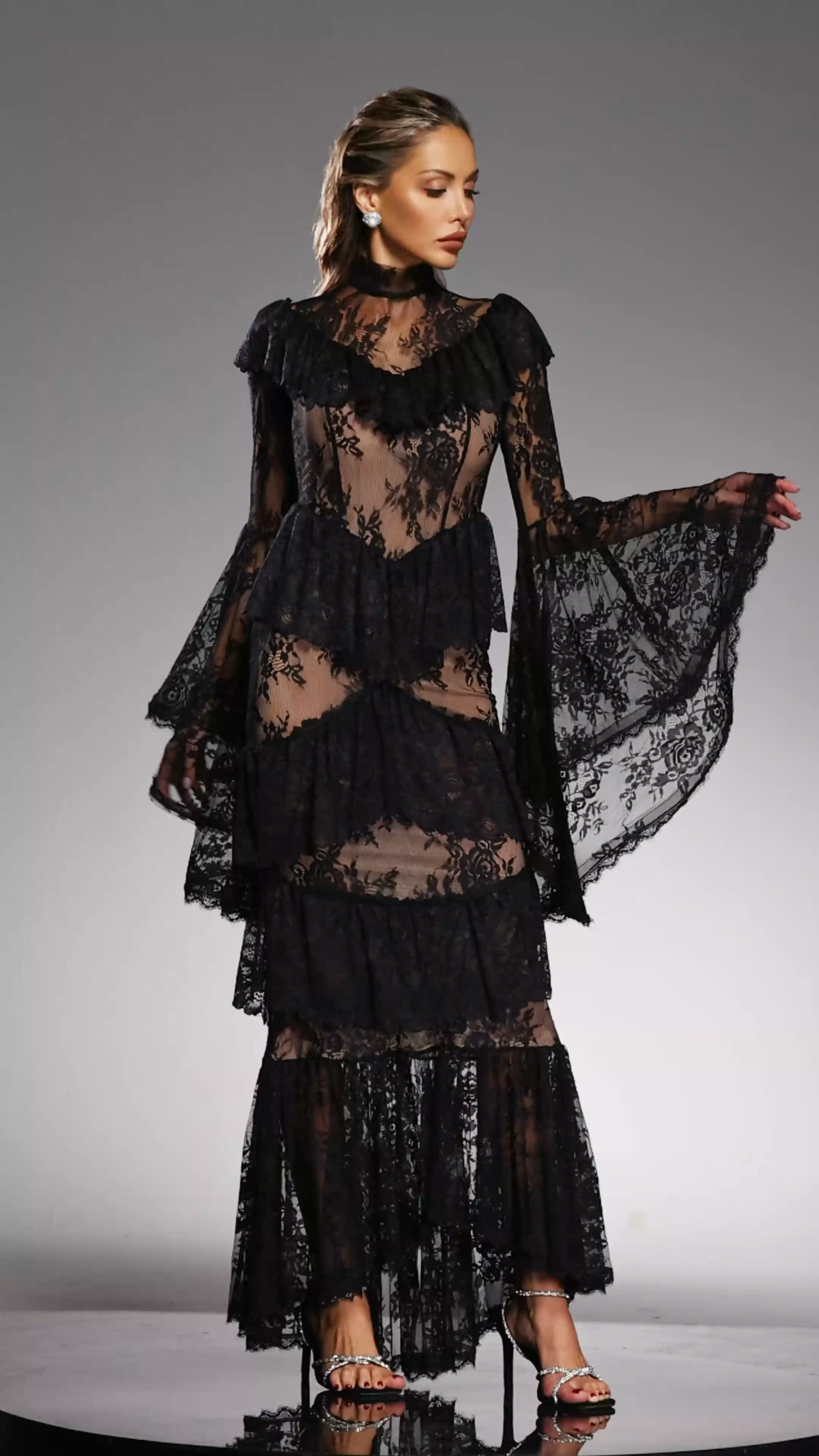 Malvina Long Sleeves Flounce Lace Maxi Dress