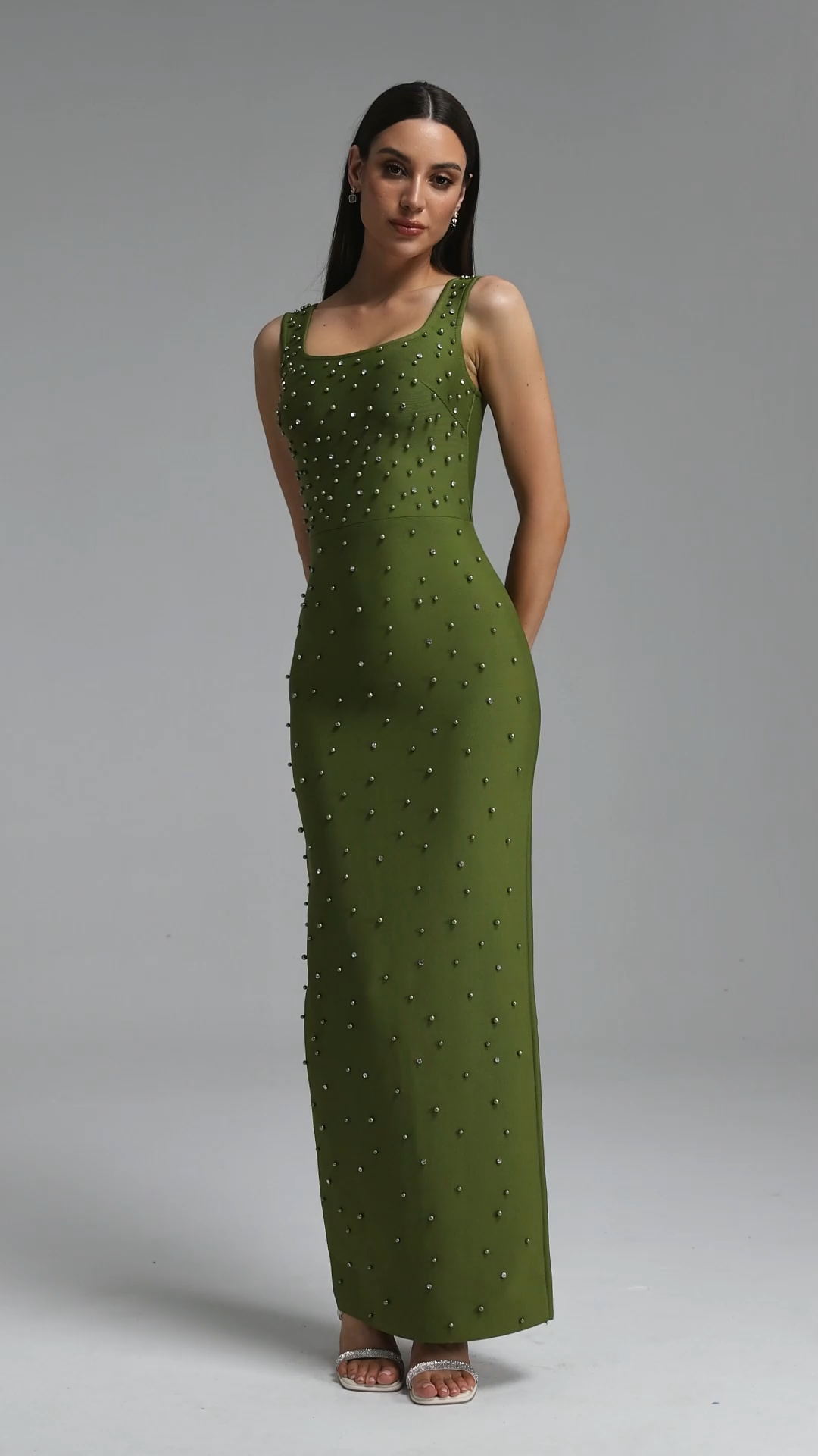 Stormie Minimalist Sleeveless Square Neck Pearl Beaded Bandage Maxi Dress