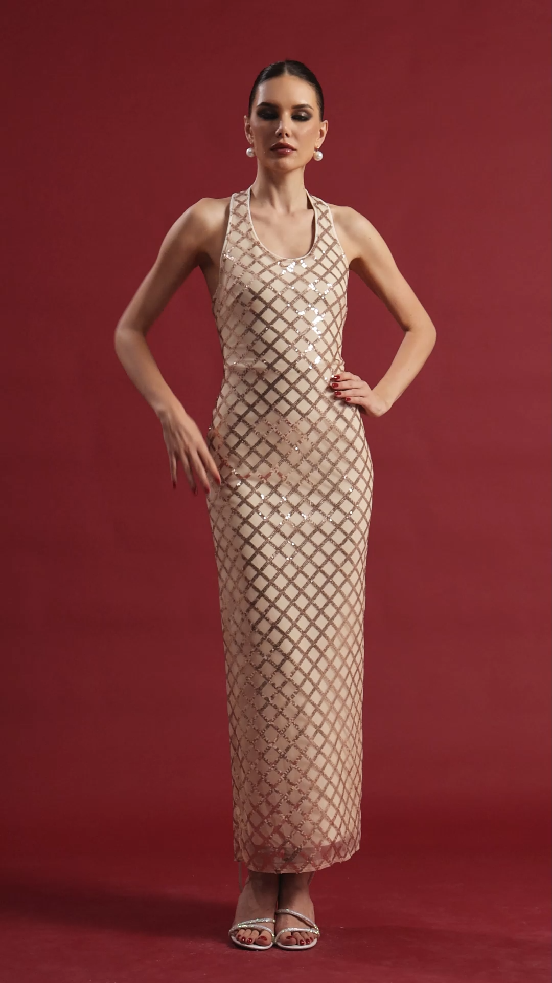 Marlene Glamorous Contour Halter Sequin Bandage Maxi Dress