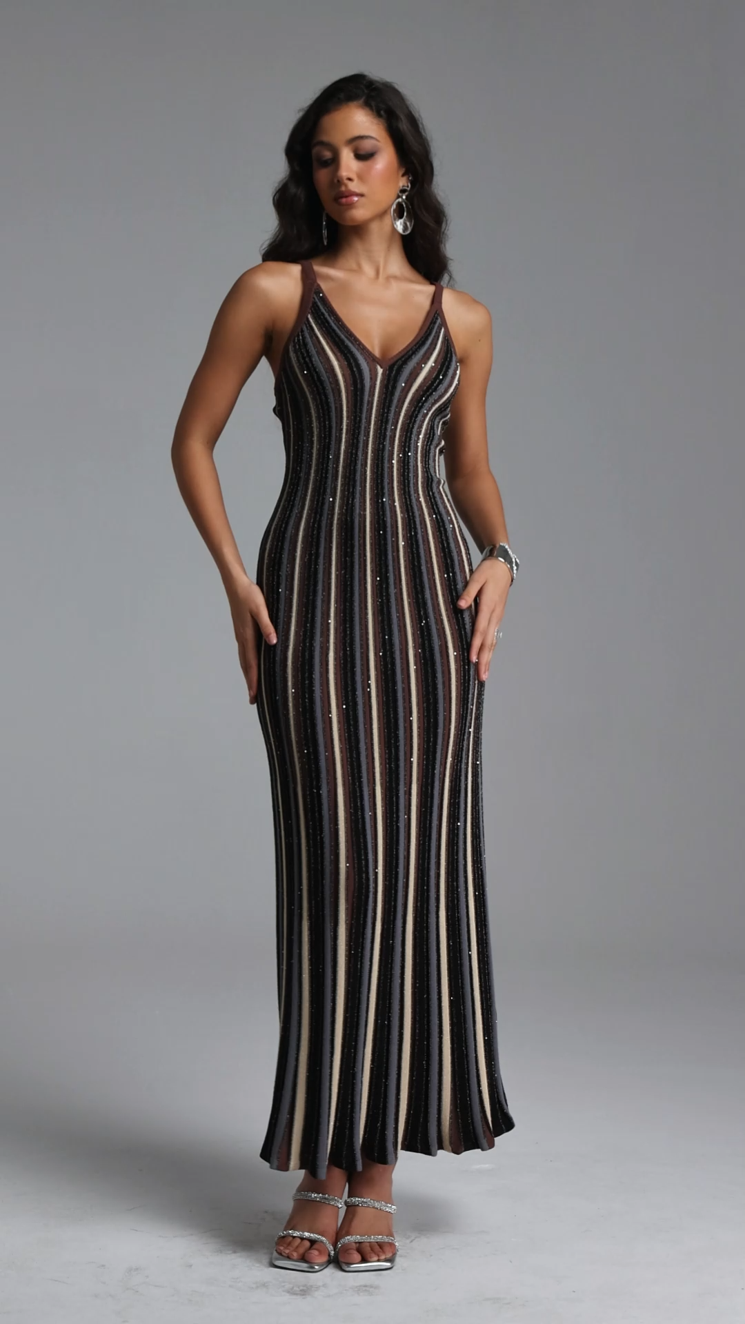 Kash Resort Contour V Neck Sleeveless Sequin Stripe Knit Maxi Dress