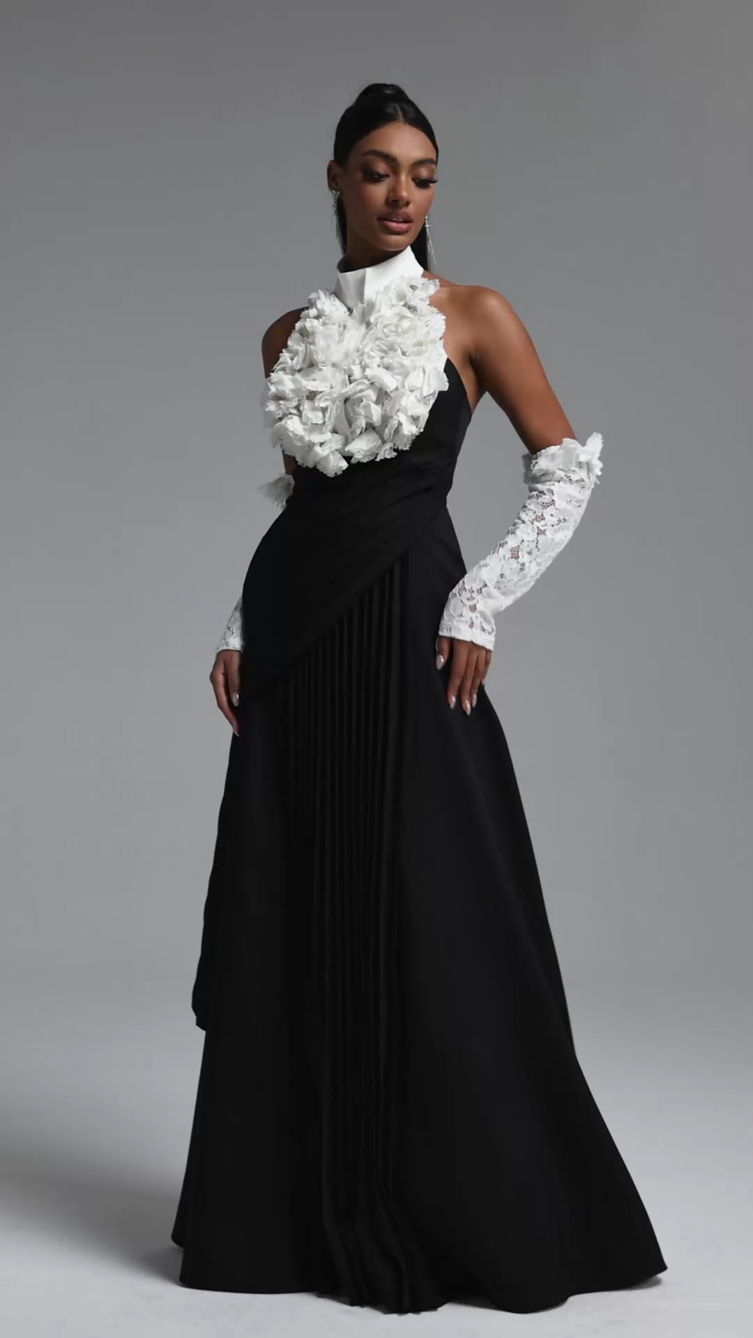 Tiere Elegant Waist-Cinched Floral Pleated Lace Sleeve Maxi Dress