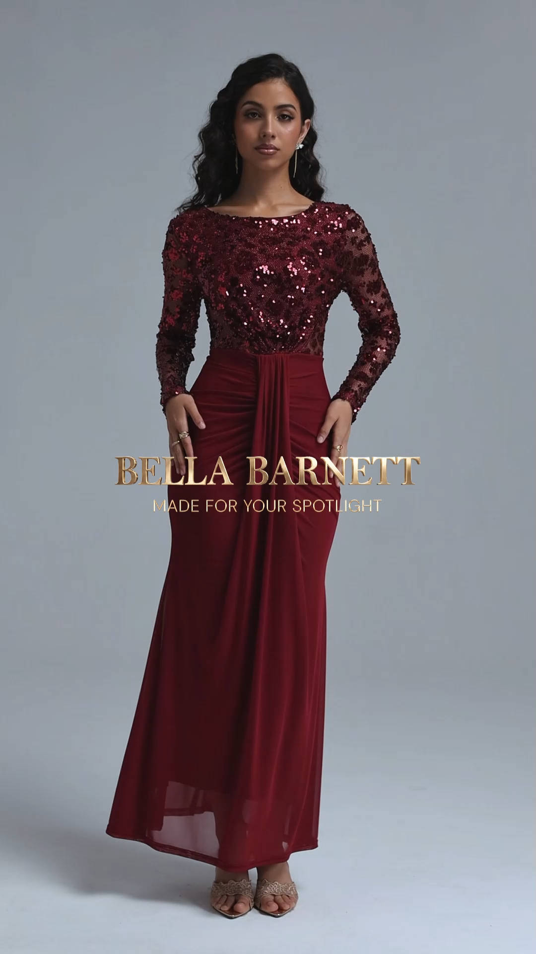 Kaitlyn Vintage Contour Round Neck Long Sleeve Sequin Knit Maxi Dress