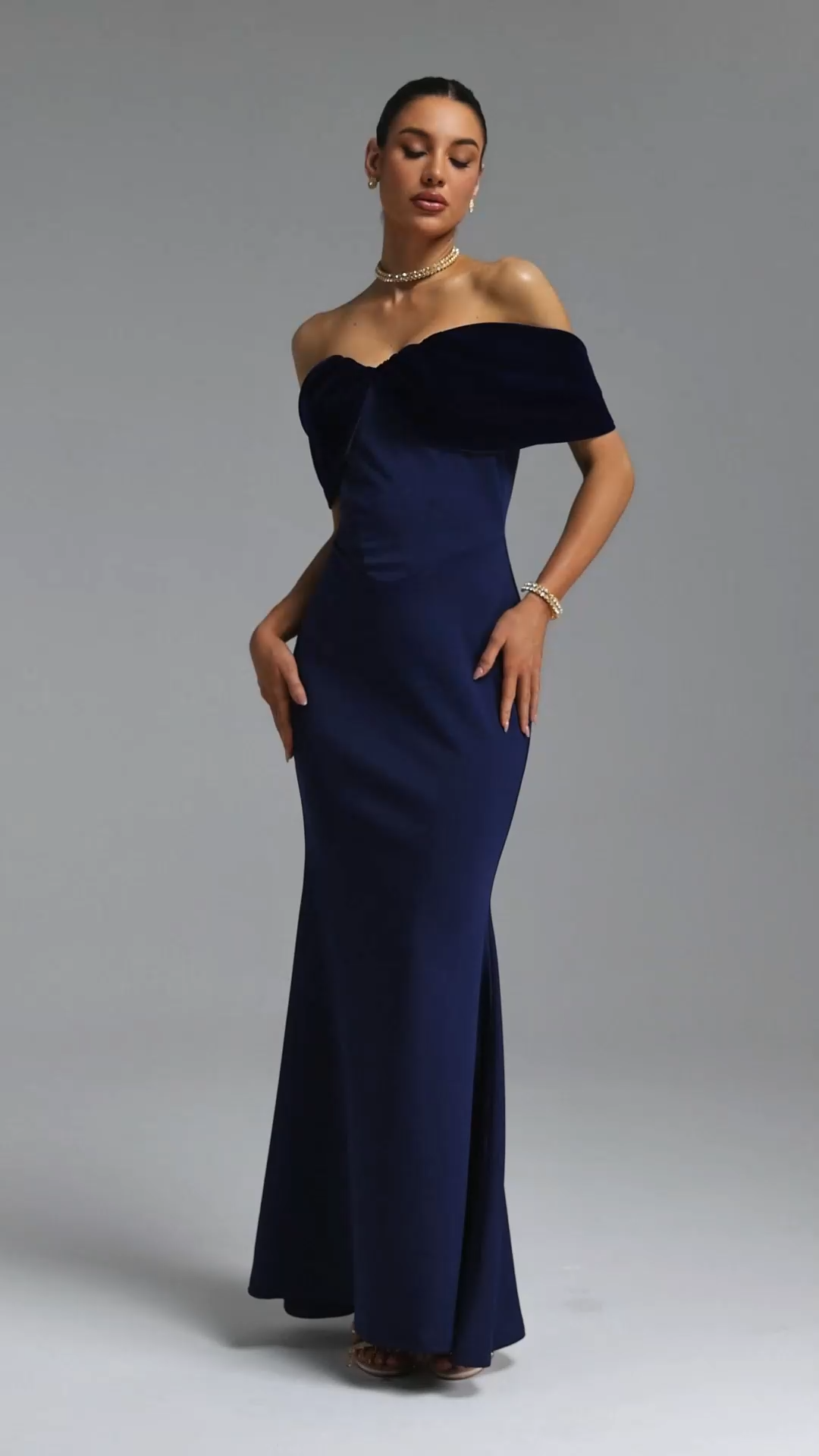 Saraja Elegant Waist-Cinching Off Shoulder Velvet Fold Over Mermaid Maxi Evening Dress