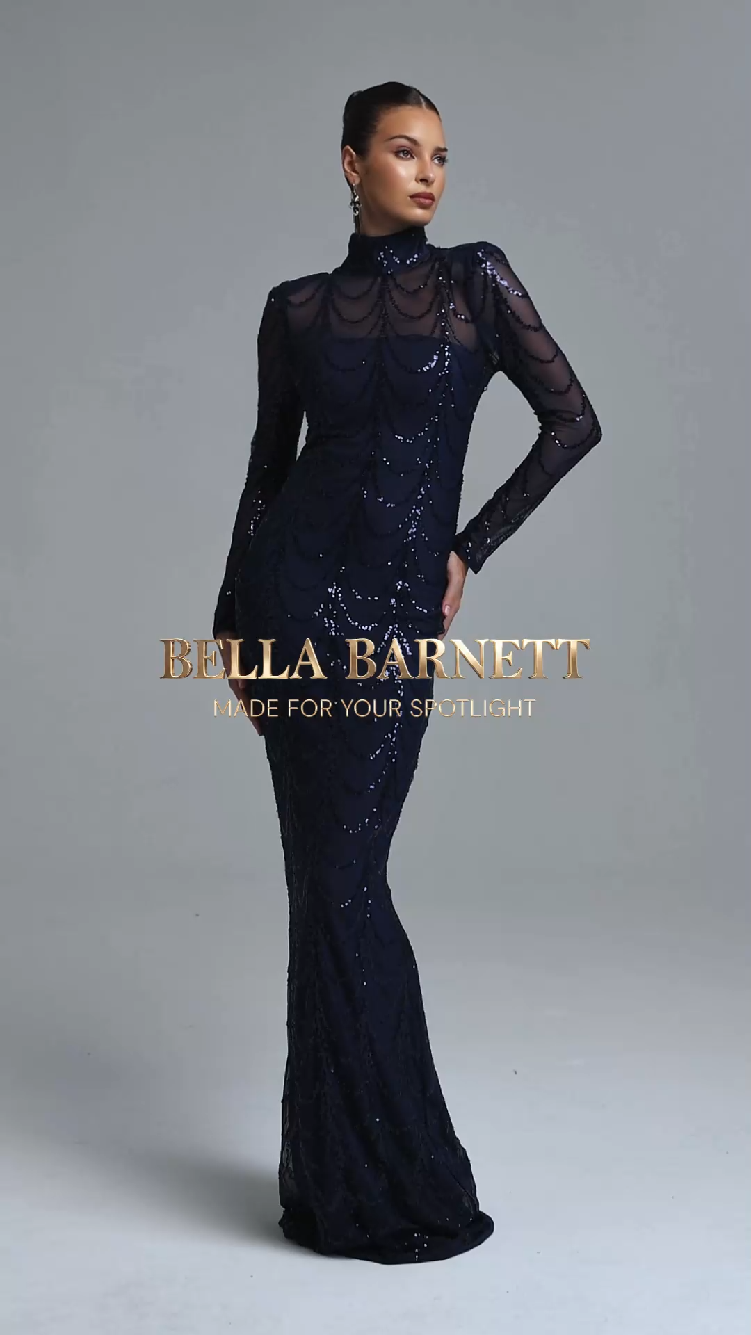 Kandiss Elegant Contour High Neck Long Sleeve Sequin Mesh Maxi Dress