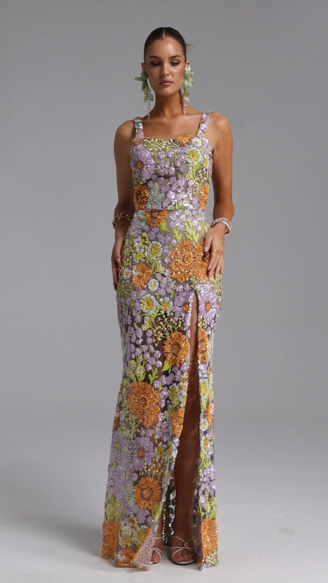 Larina Romantic Embellished Sequin Floral High Slit Maxi Dress