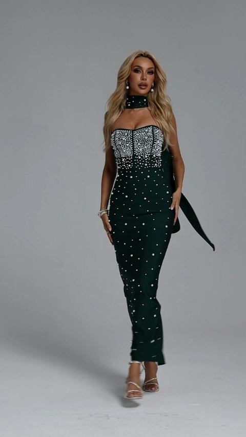 Dierea Glamorous Contour Strapless Pearl Bandage Green Maxi Dress