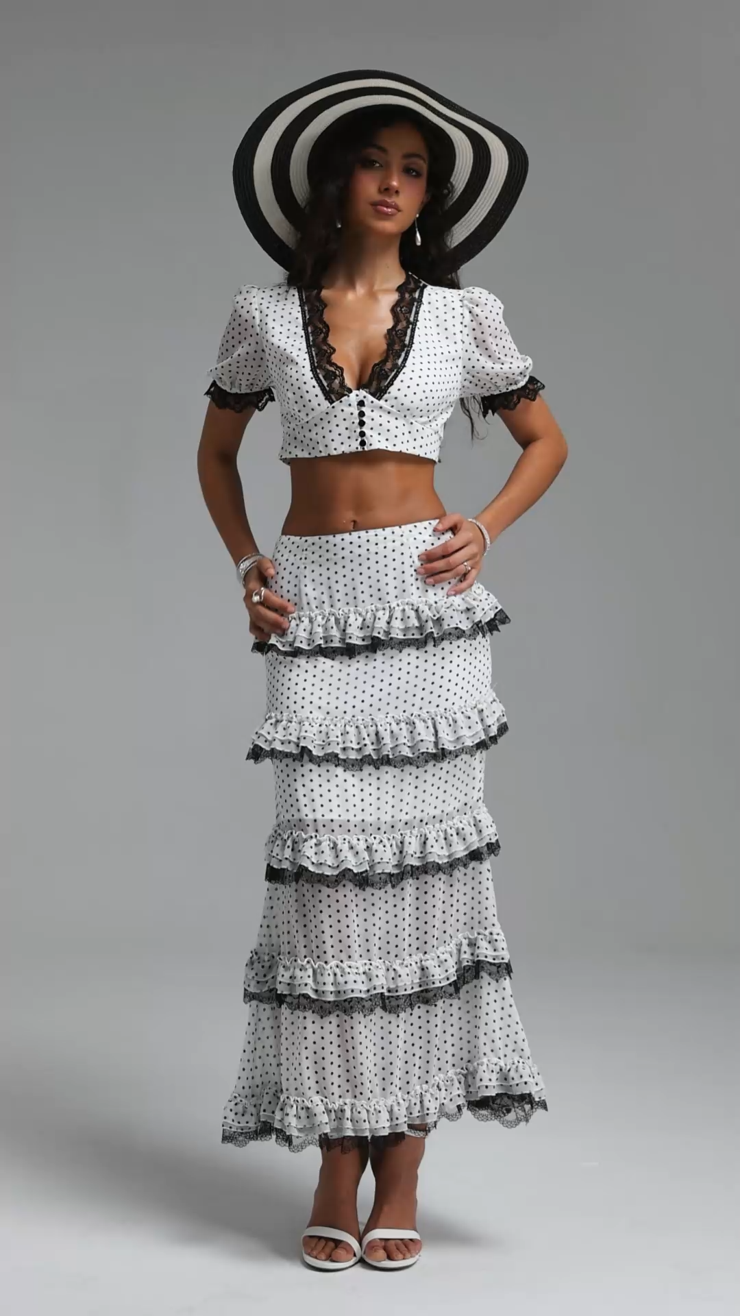 Frida Classic Tailored Short Sleeve Ruffle Polka Dot Chiffon Top and Skirt Two Piece Set