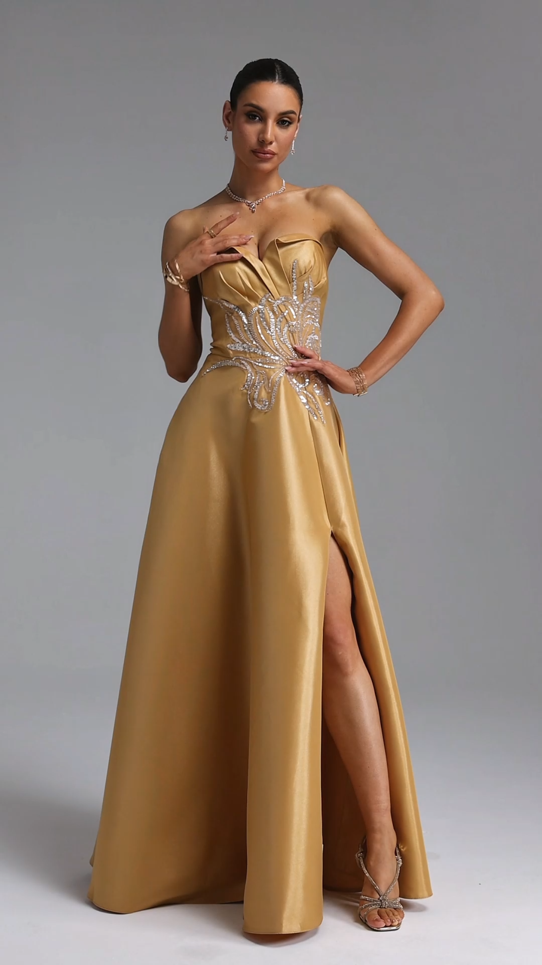 Kaliana Elegant Waist-Cinching Strapless Beaded Embroidery Satin High Slit Full A-Line Maxi Evening Dress