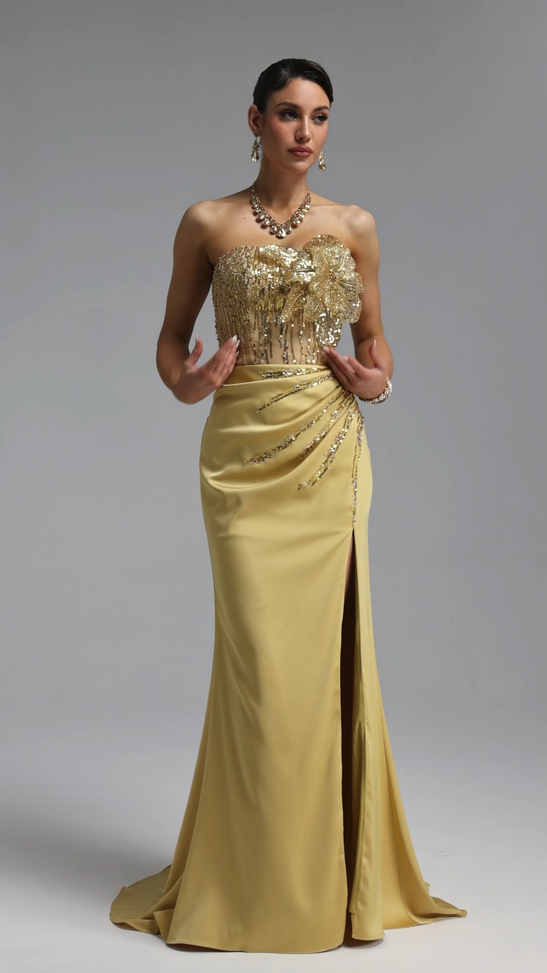 Karmen Classic Strapless Flower Beaded Satin High Slit Mermaid Maxi Dress