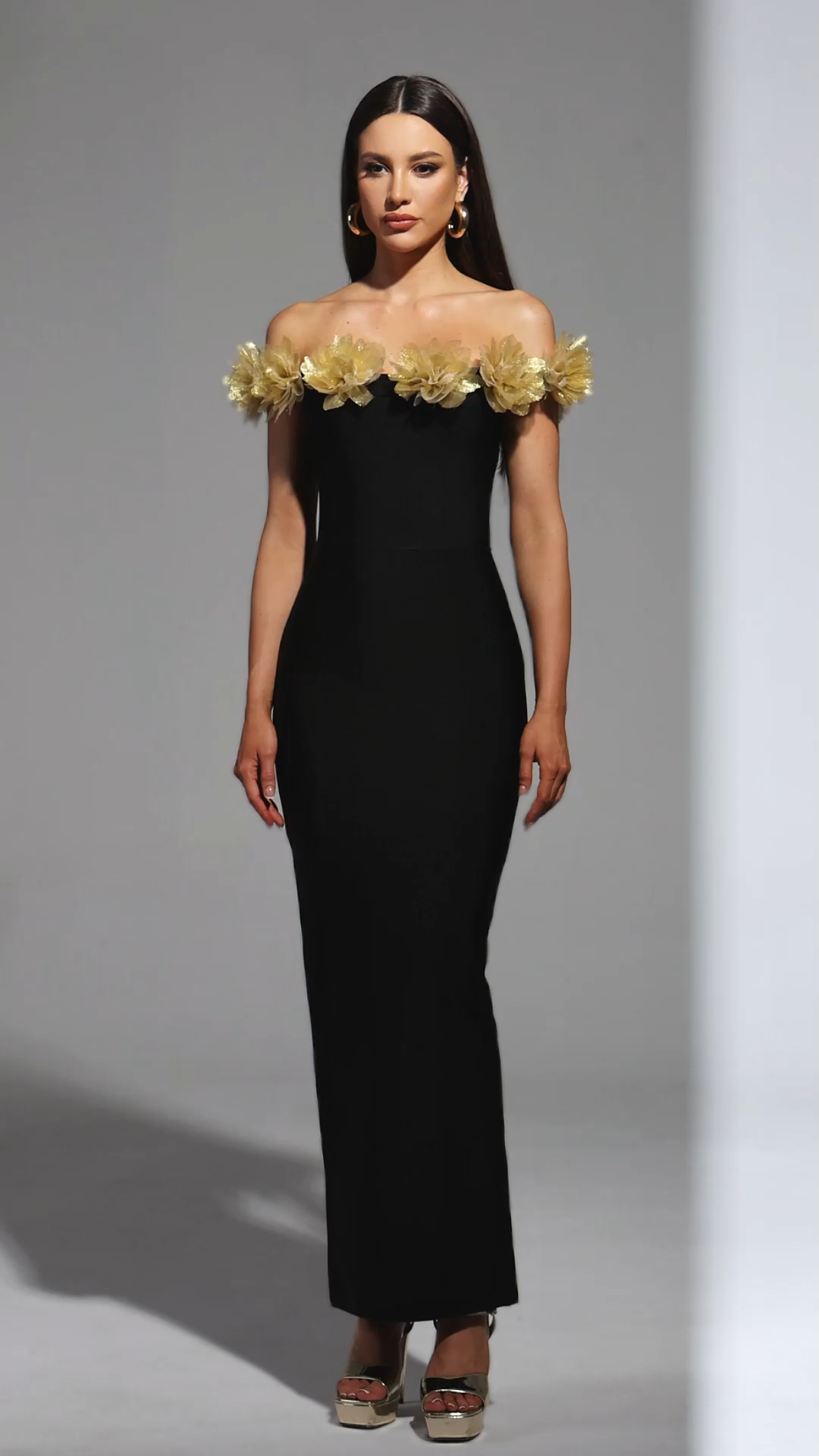 Fara Sleeveless Off The Shoulder Flowers slit Bandage Midi Dress