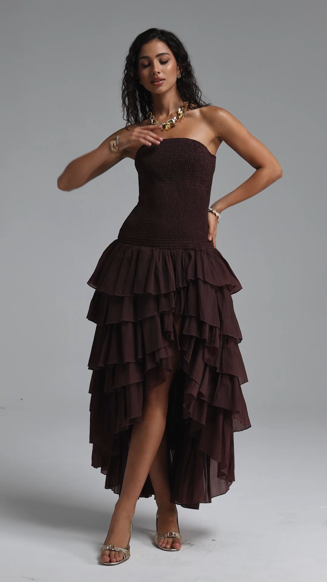 Orisy Vacation Strapless Shirred Tiered Ruffle Maxi Dress