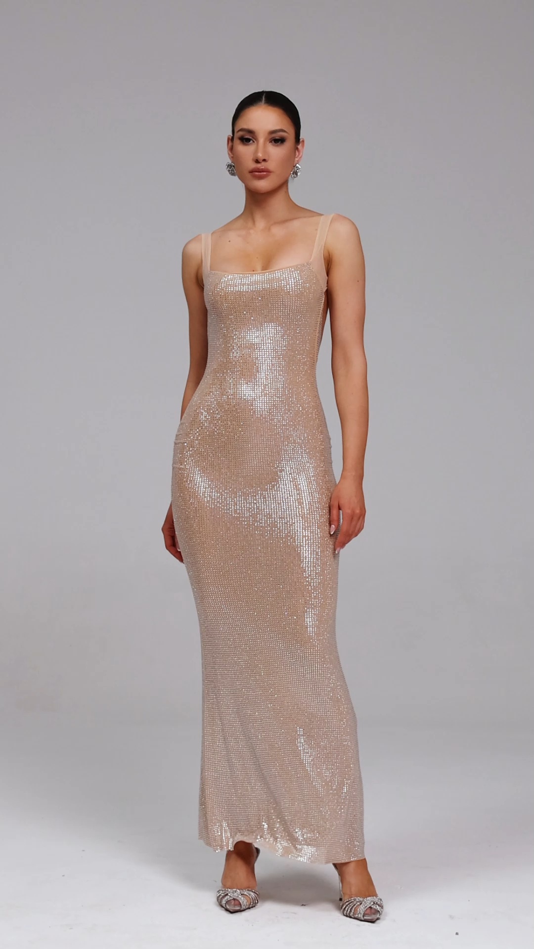 Pillose Halter Diamond Backless Maxi Dress