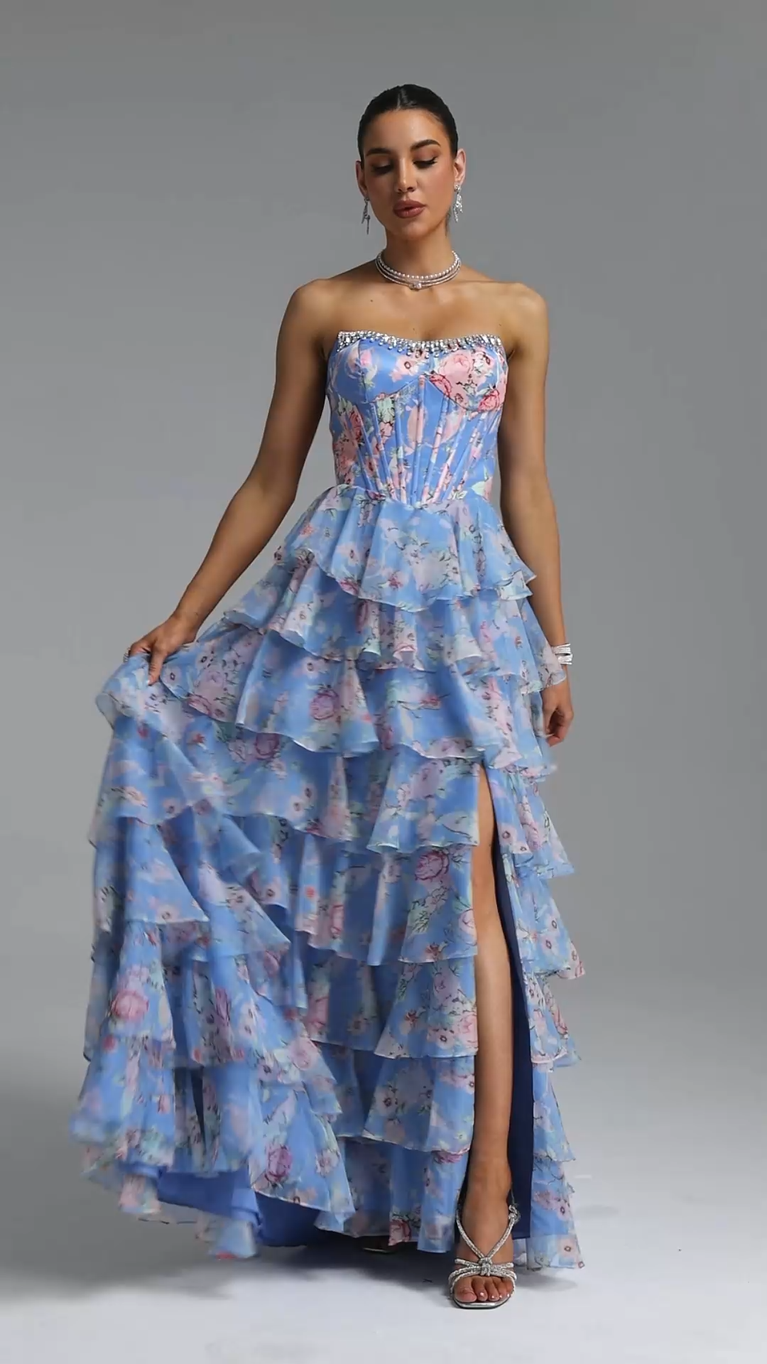 Kiera Elegant Waist-Cinching Strapless Boned Floral Print Chiffon Multi-Layer Ruffle High Slit Maxi Evening Dress