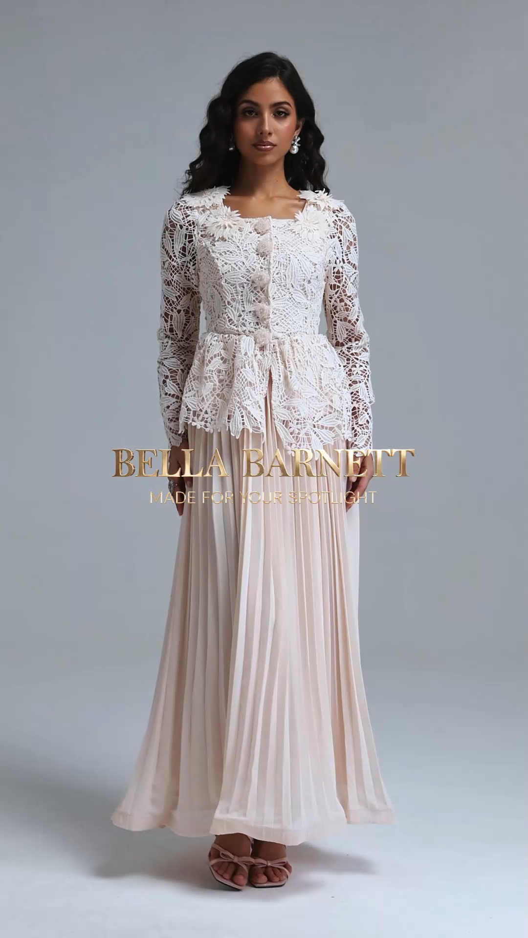 Lucica Romantic Flowy Long Sleeve Floral Lace Beige Top and Skirt Two Piece Set