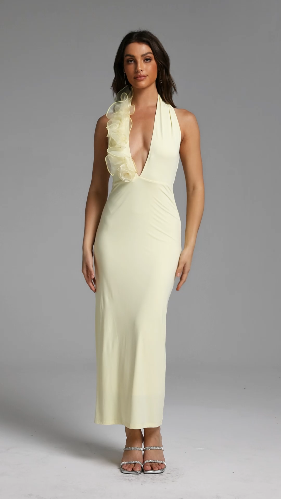 Dotte Chic Contour Halter Deep V Ruffle Knit Maxi Dress