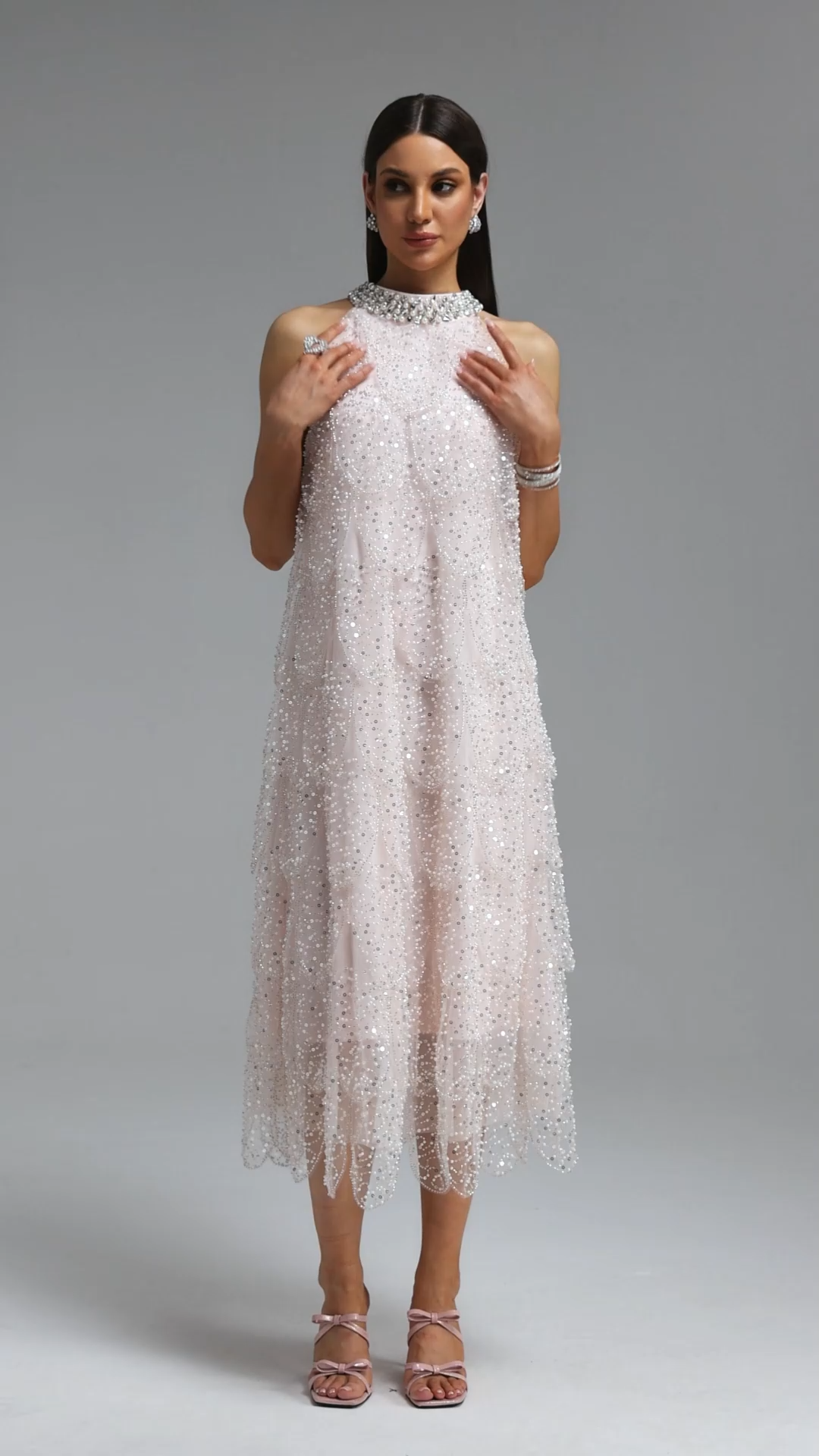 Montigo Exquisite Youthful Sleeveless Layered Rhinestone Sequin Embroidery Tulle Maxi Dress