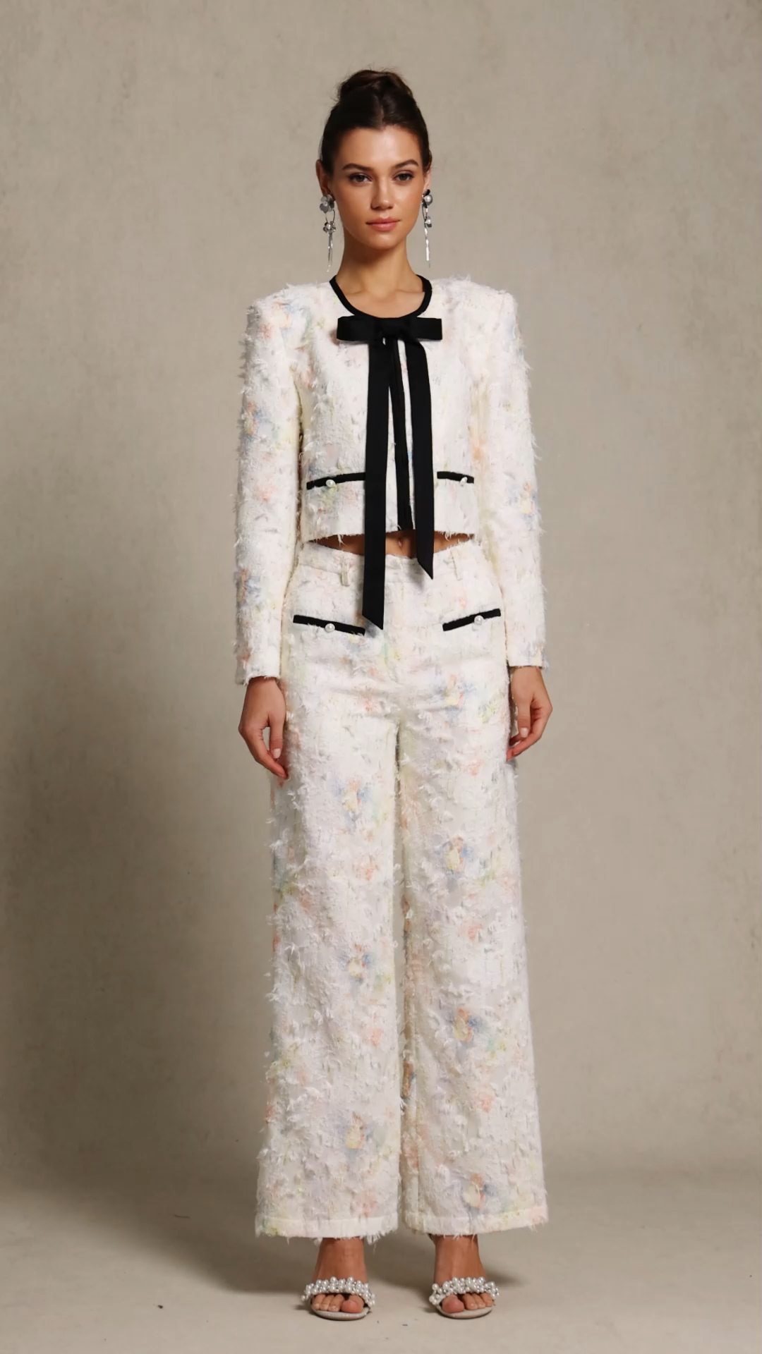 Sarna Round Neck Bowknot Printed Top And Pants Two-Piece Set