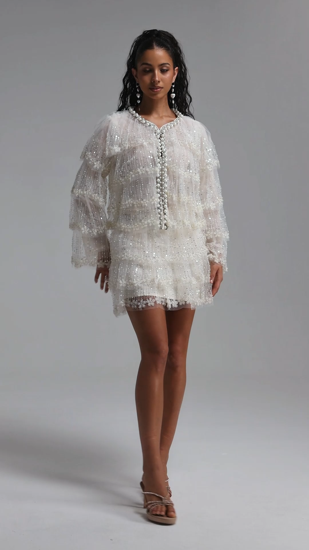 Ode Glamorous Contour Pearl Floral Sequin Tiered Tulle Top