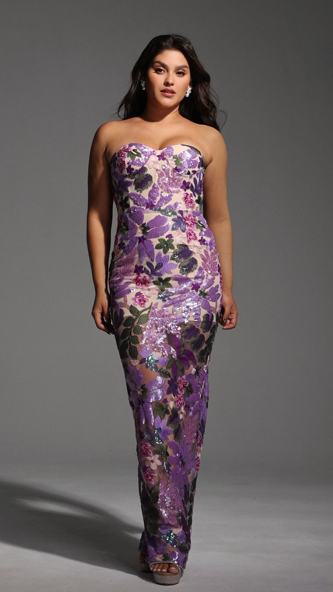 Eugenia Flower Sequins Strapless Mesh Dress - Purple