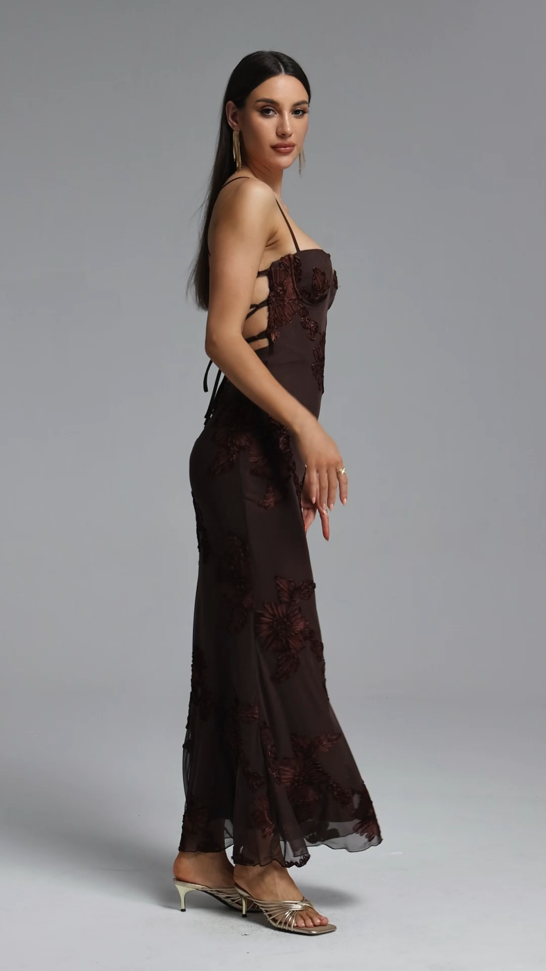 Klaria Elegant Contour Floral Lace Brown Maxi Dress