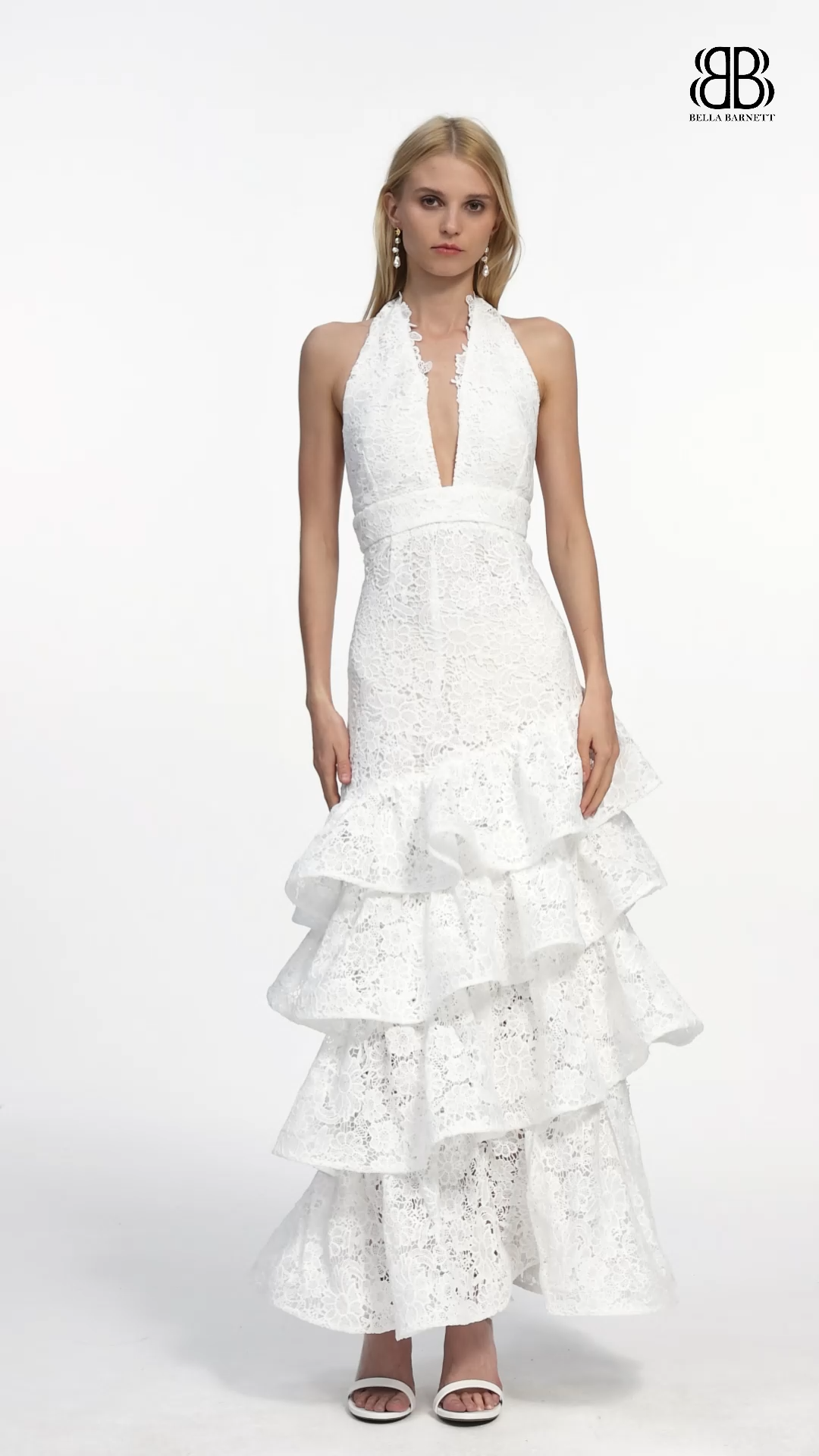 Kaliana Romantic Tailored V Neck Halter Ruffle Floral Lace Maxi Dress